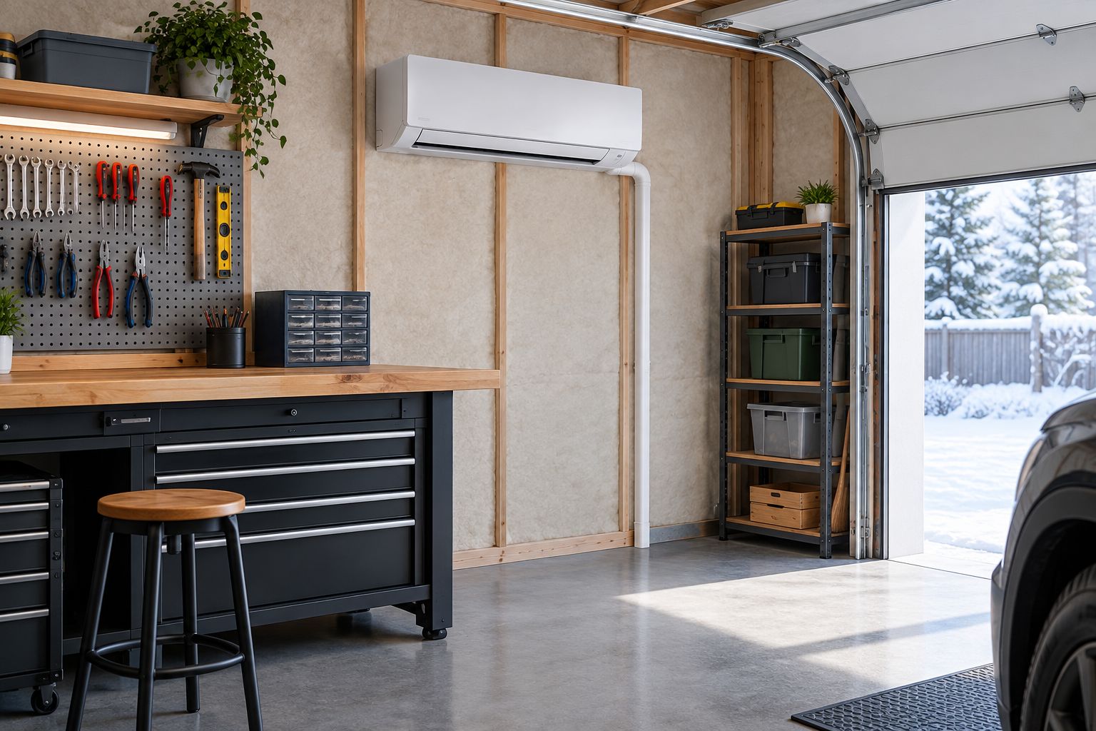 Ductless indoor unit mounted above a clear garage workshop wall