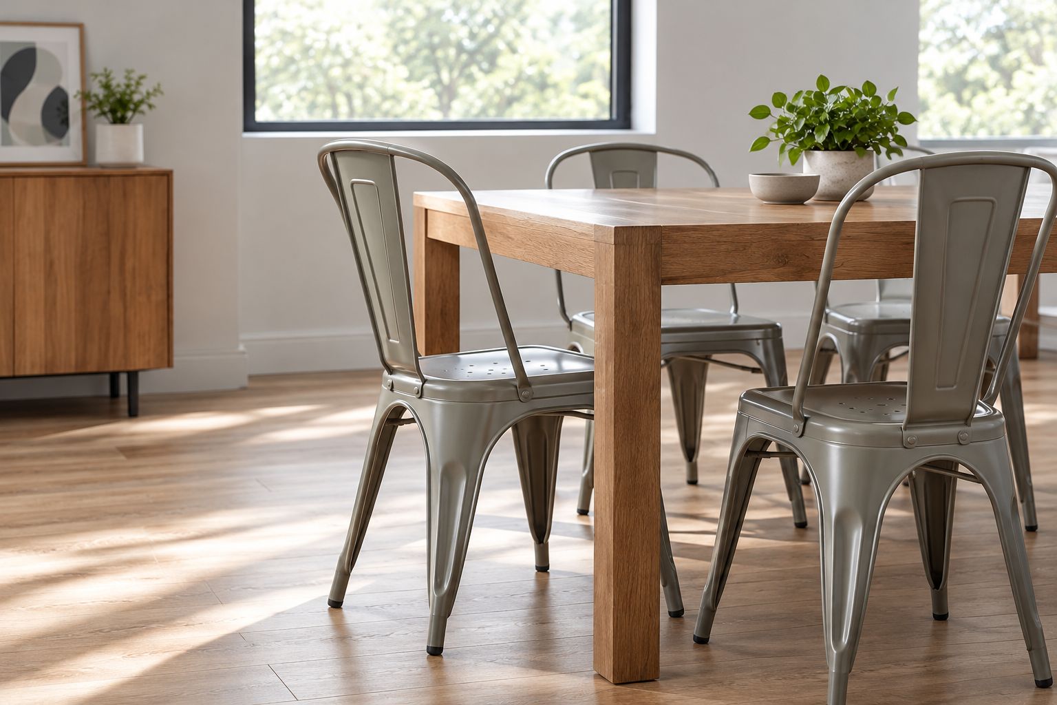 Pressed-steel café chairs around a wooden kitchen table