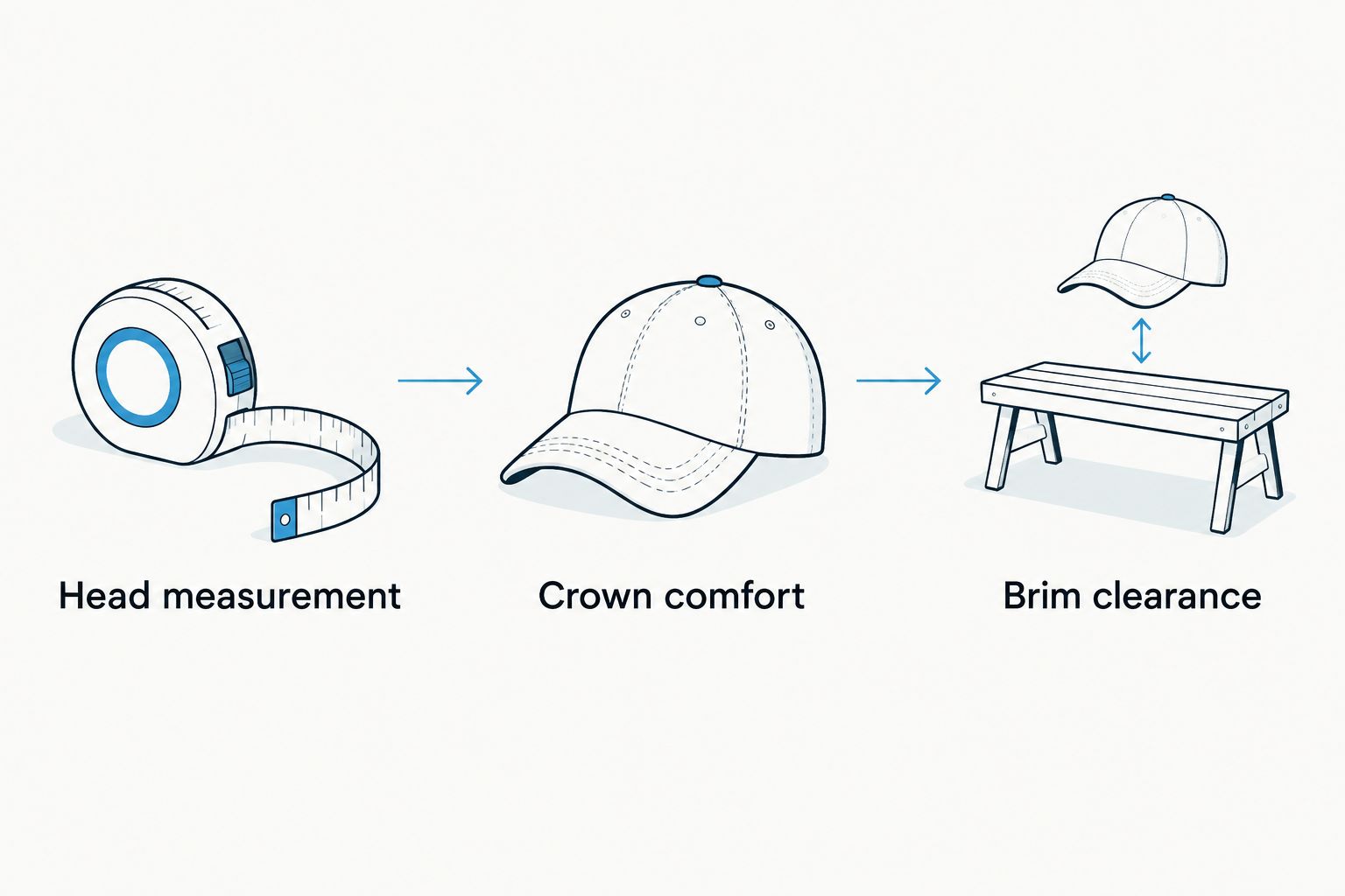 Three gym-hat fit checks: head measurement, crown comfort, and brim clearance