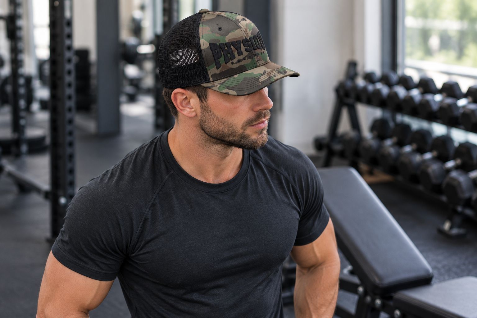 Gym-goer wearing the camo trucker hat beside a weight bench