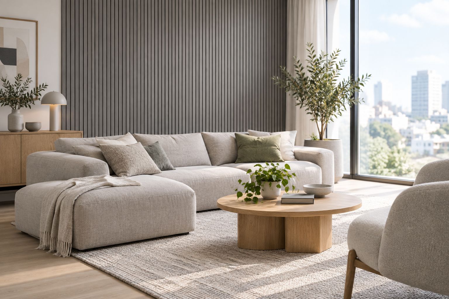 Grey wood slat panel accent wall in a bright Scandinavian living room
