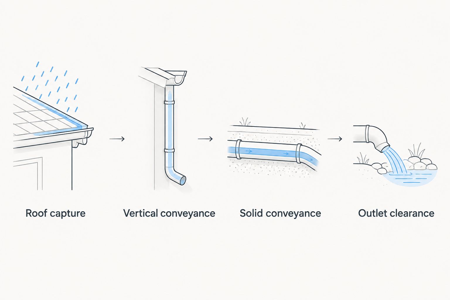 Drainage route from roof capture through the downspout and solid pipe to a clear outlet
