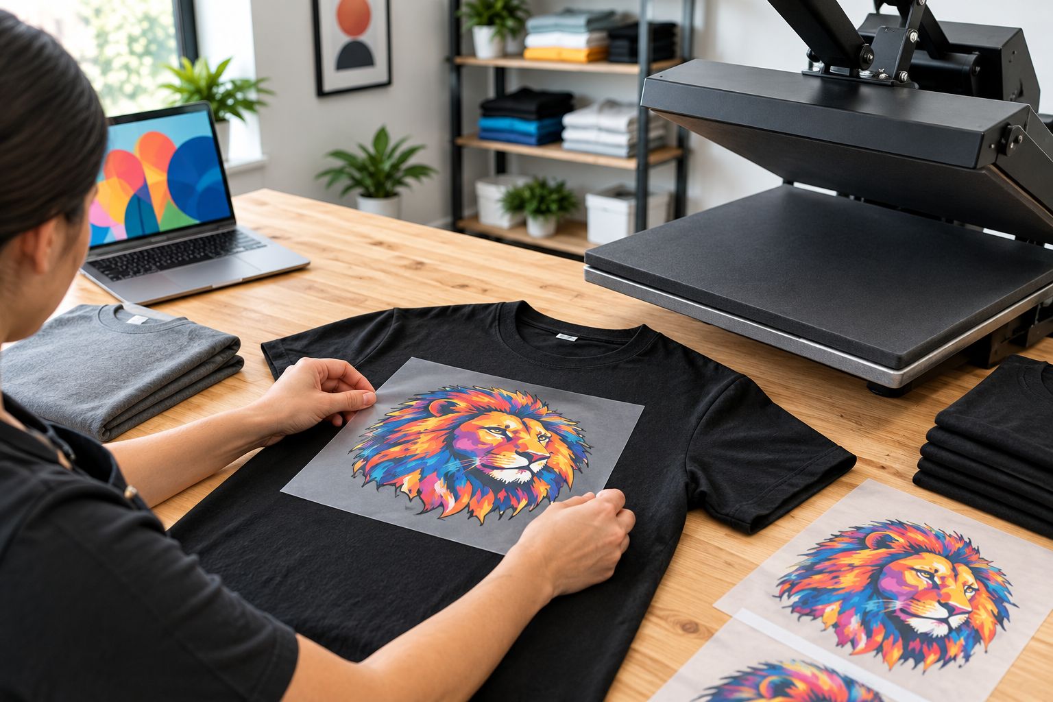 Decorator positioning a cut DTF transfer on a garment beside a heat press