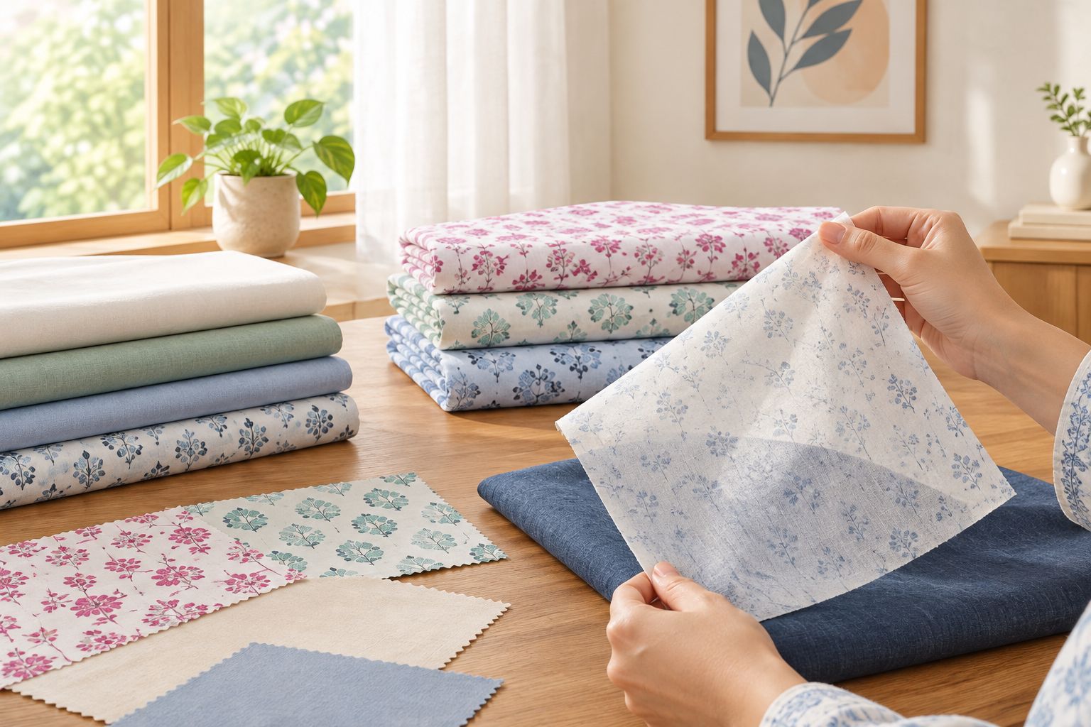 Fabric swatches checked in daylight against a contrasting cloth