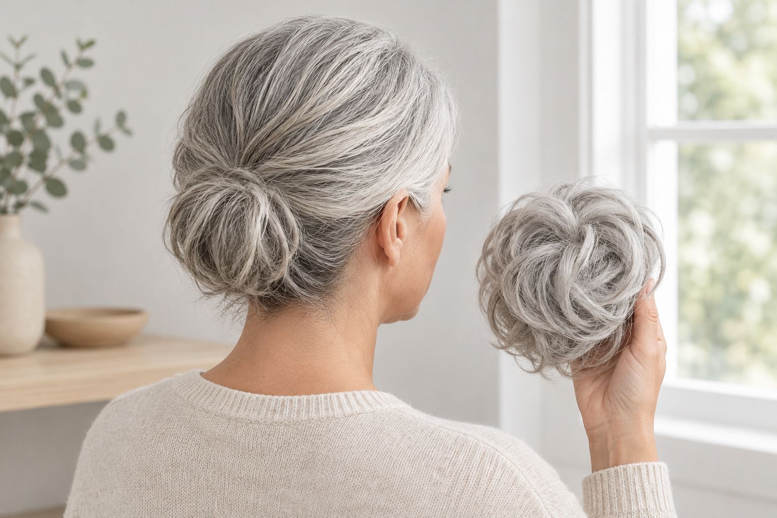 Woman comparing a synthetic bun hairpiece with the grey hair at her nape in daylight