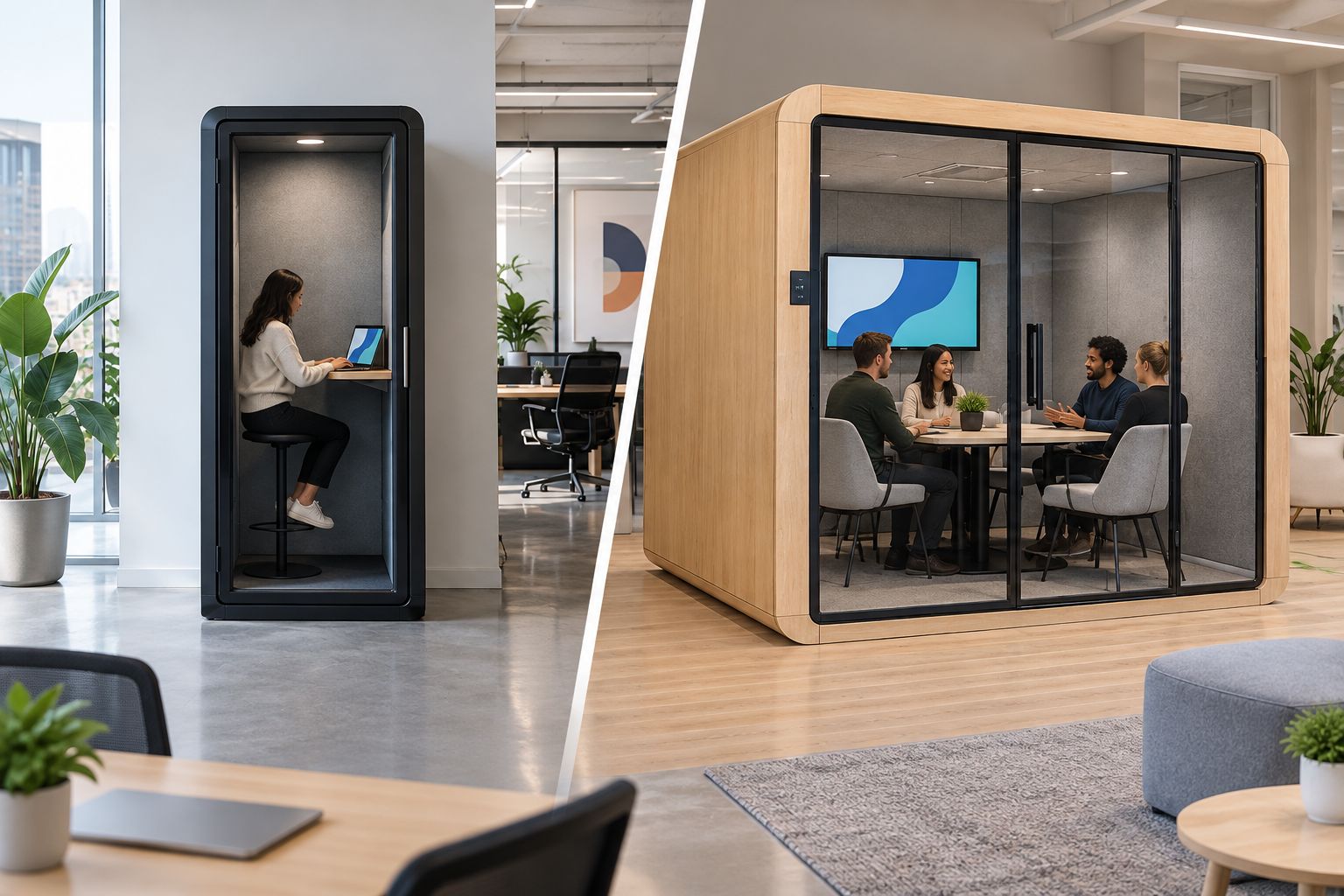 Individual laptop work in a solo enclosure beside a separate shared meeting enclosure