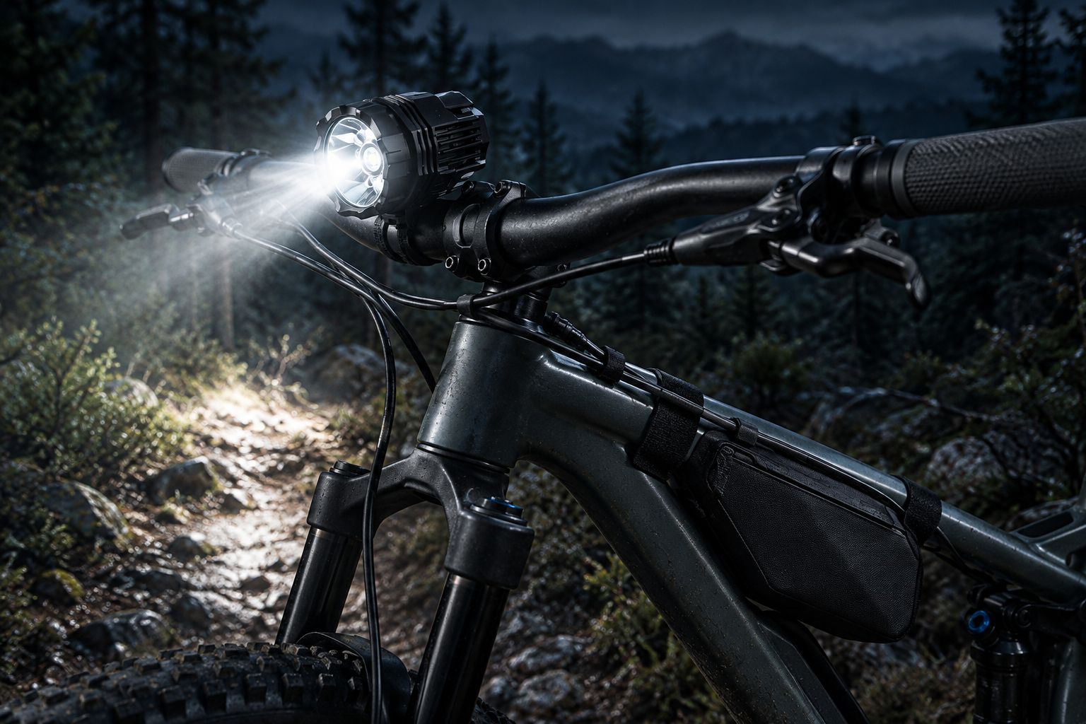 Handlebar light with restrained cable routing clear of the bike’s controls