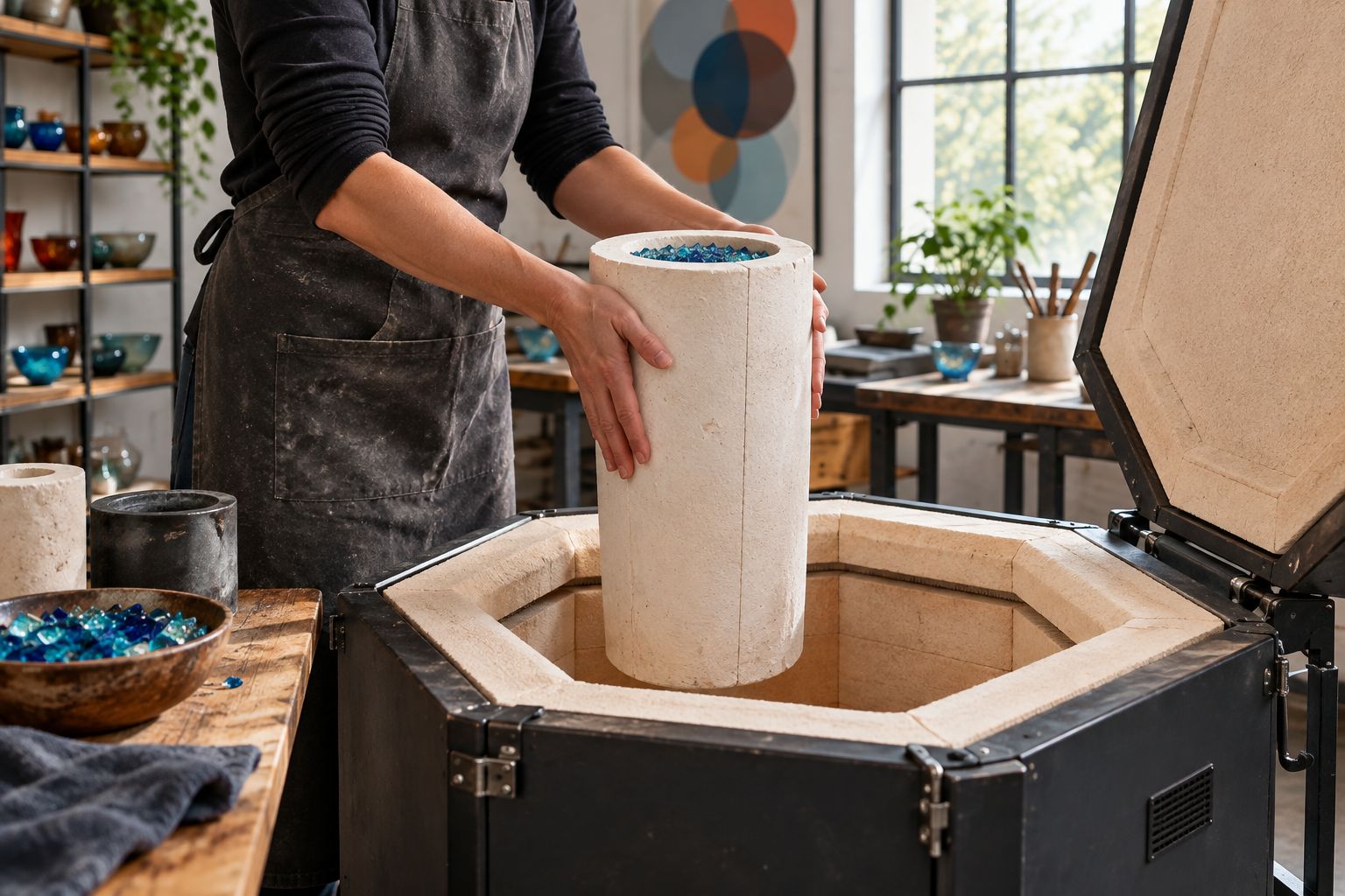 Loading a tall mold into a deep glass casting kiln