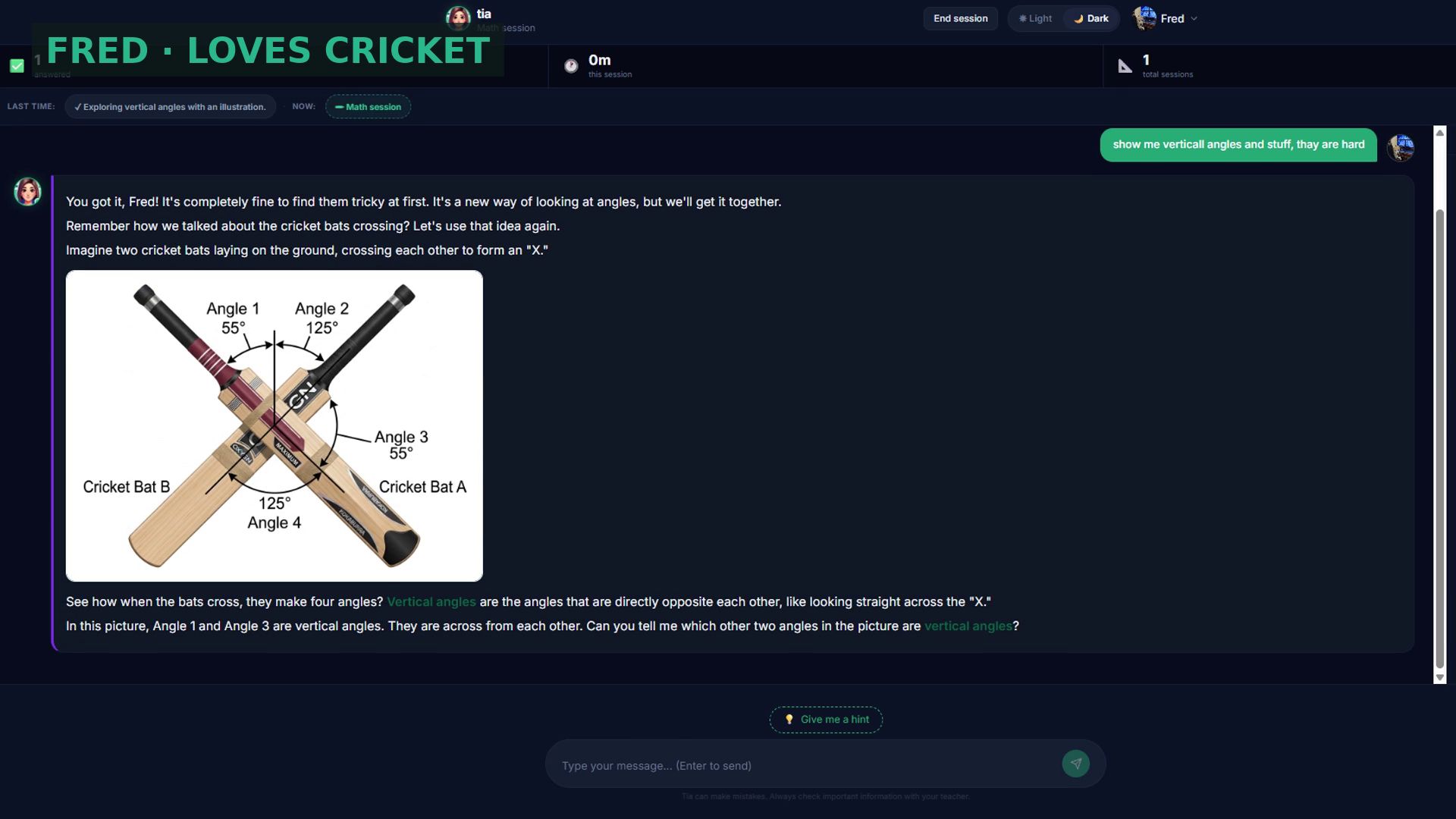 Tia test student Fred's vertical-angle lesson using crossing cricket bats
