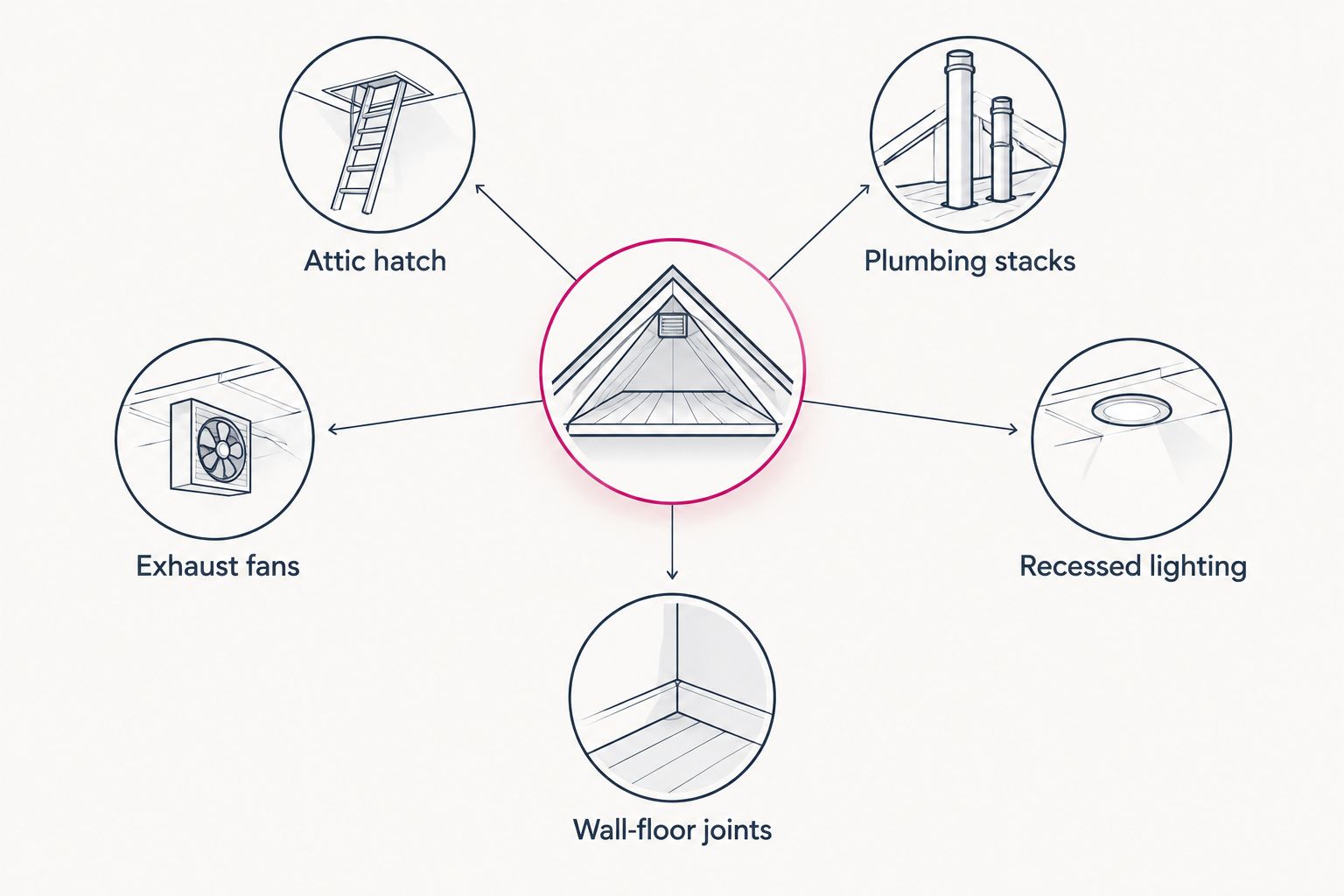 Diagram showing five common attic air leak points around a central attic icon