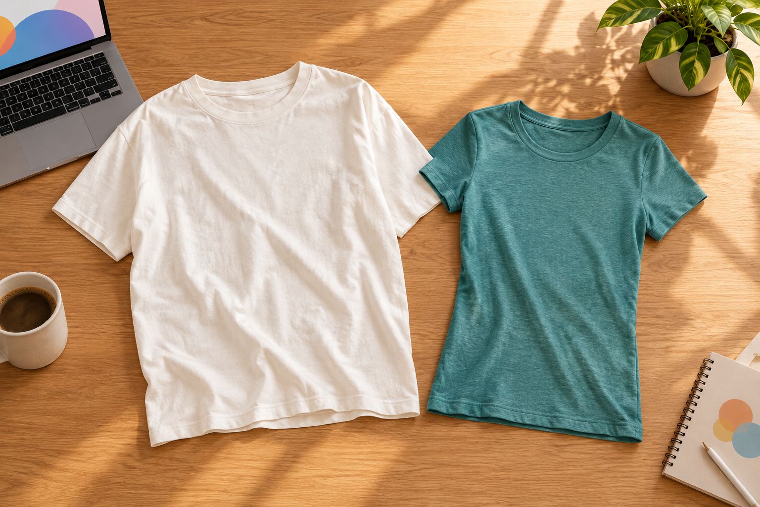 Two unbranded t-shirts showing differences in silhouette and fabric texture