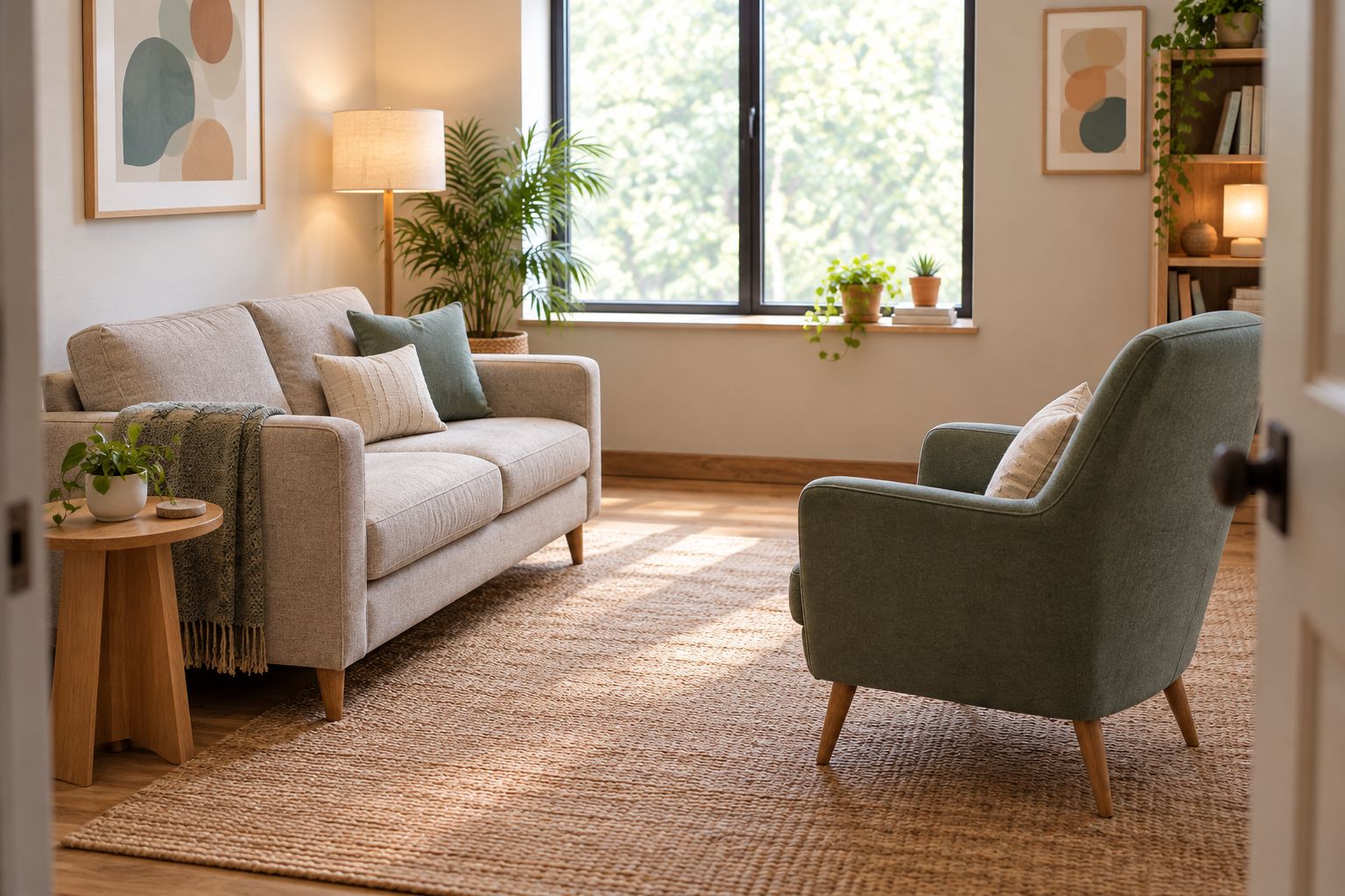 Counseling office with a compact sofa, separate upright chair, side table, and clear walking route