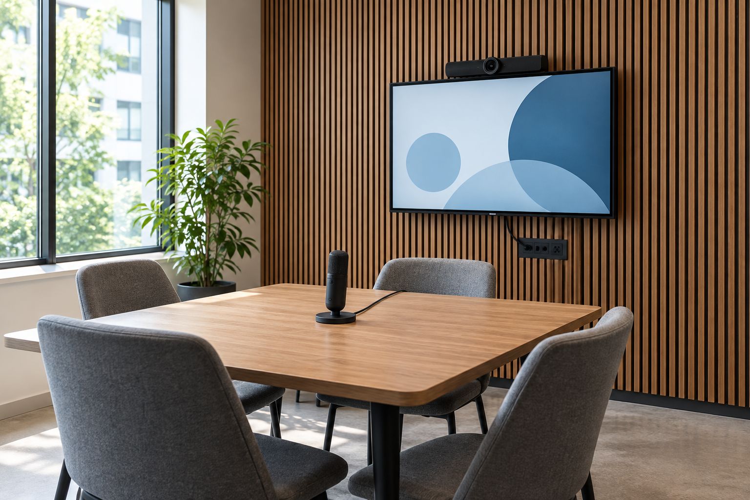Besprechungsraum mit seitlicher Paneelwand, freiem Tischmikrofon und separat befestigter Kamera
