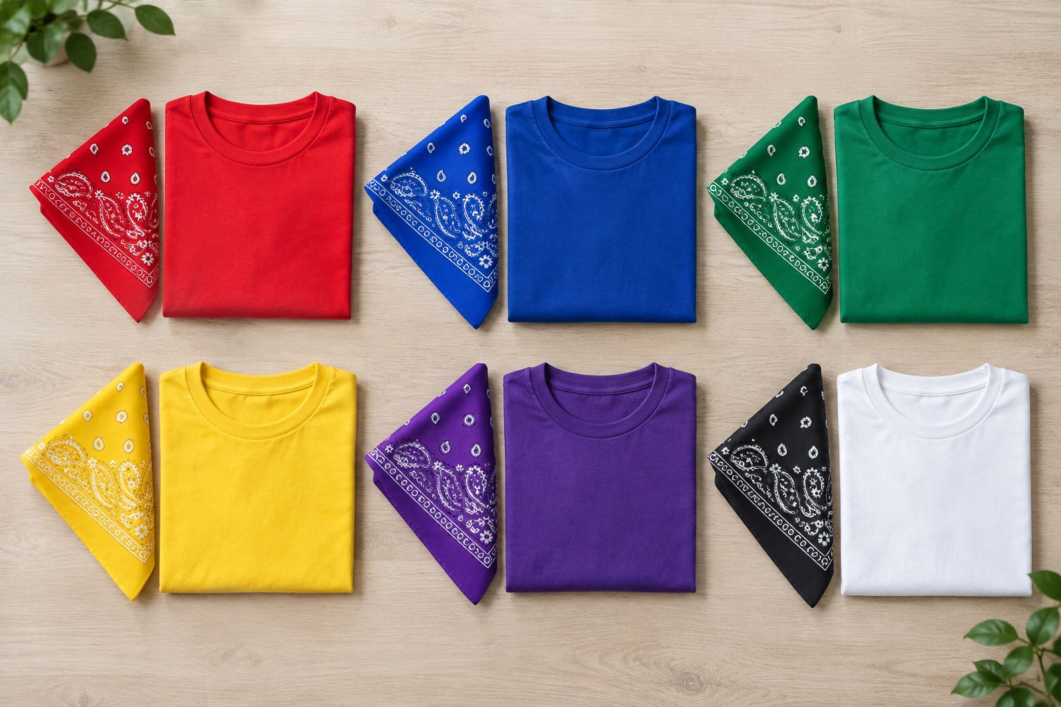 Different-colored bandanas folded identically beside matching plain shirts