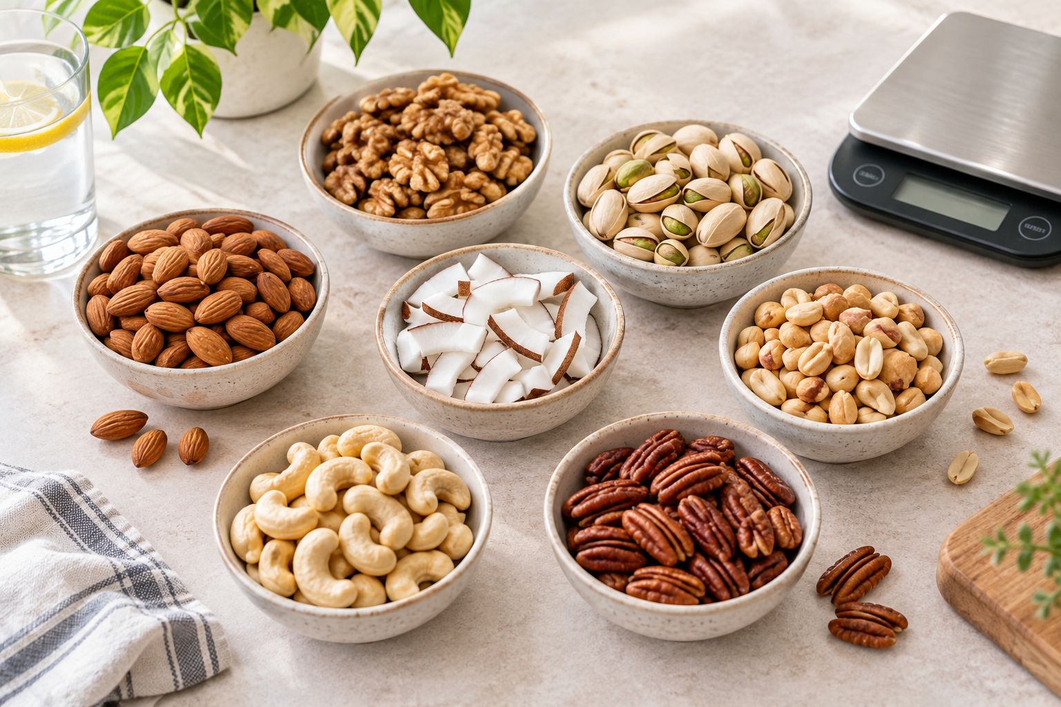 Small bowls of plain nuts beside a kitchen scale for measured snacking
