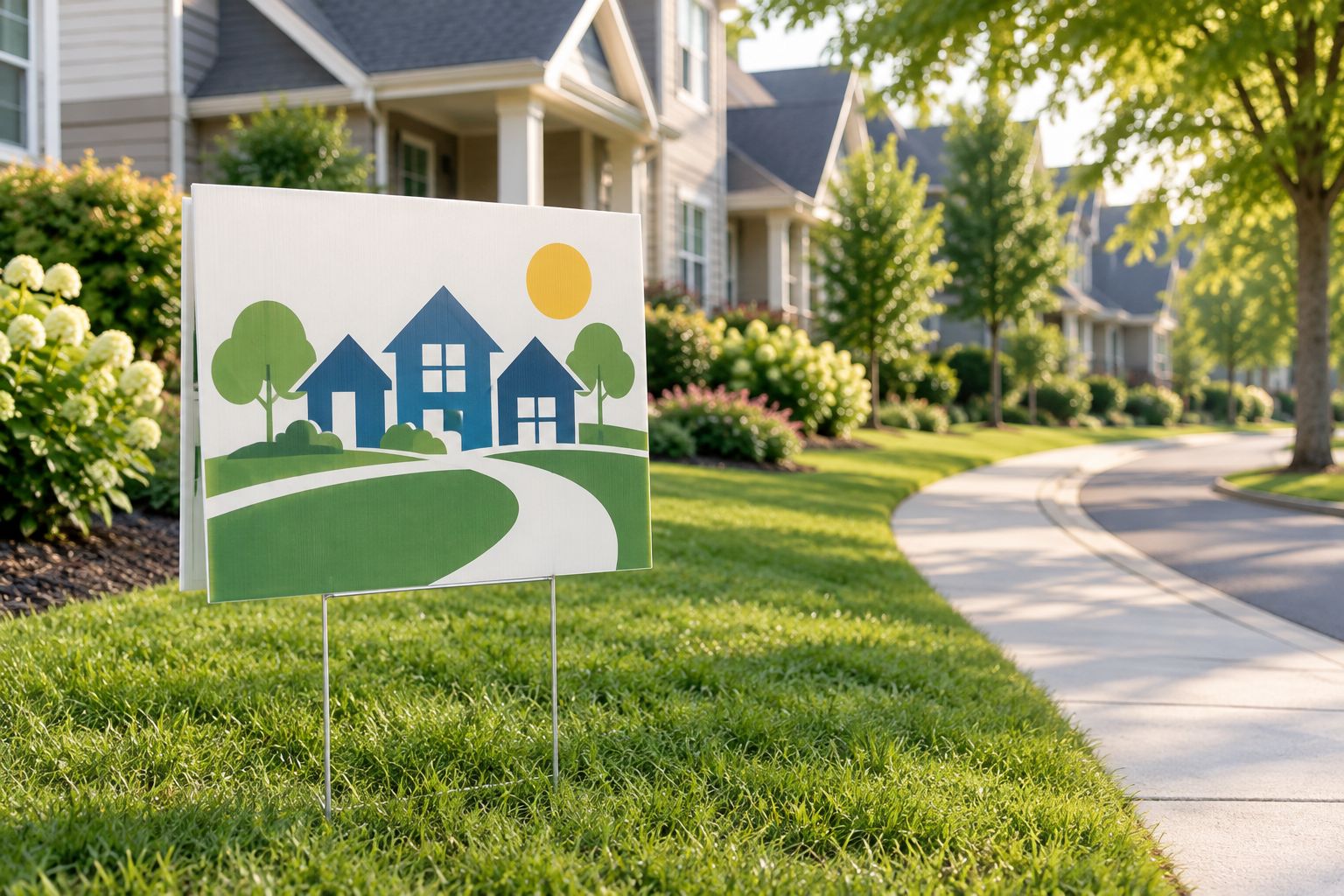 Coroplast yard sign staked at a community entrance lawn