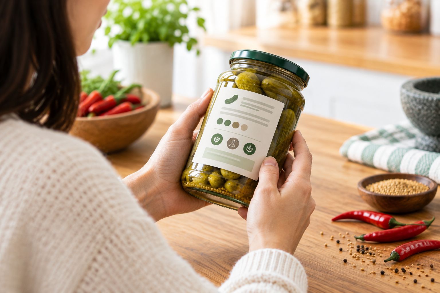 Hands checking the back label of a pickle jar for ingredients