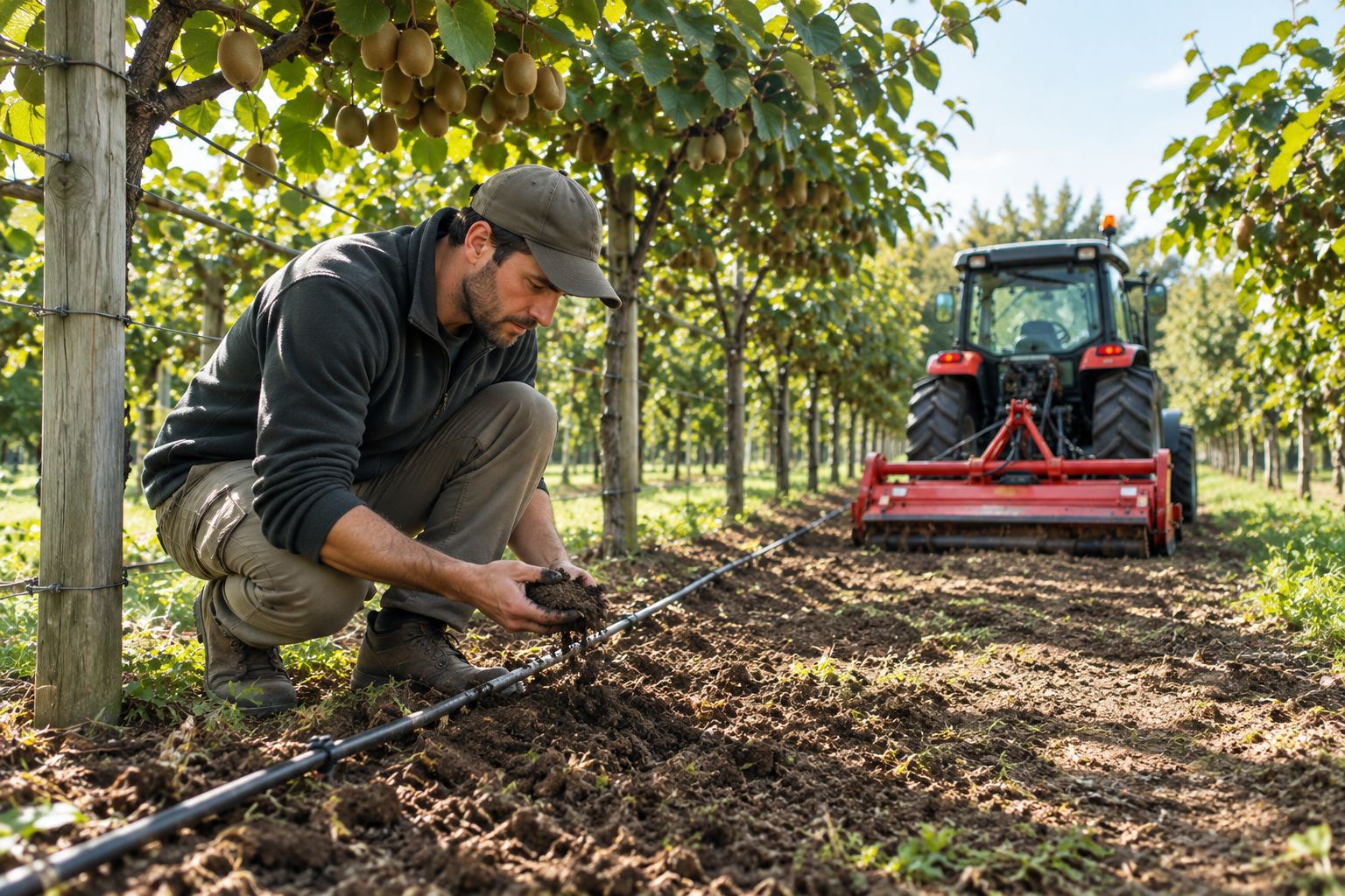 Grower inspecting orchard soil and irrigation before using a parked tractor-mounted rotary hoe