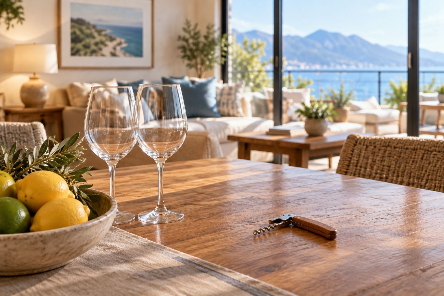 Empty wine glasses and a corkscrew on a shaded vacation rental dining table