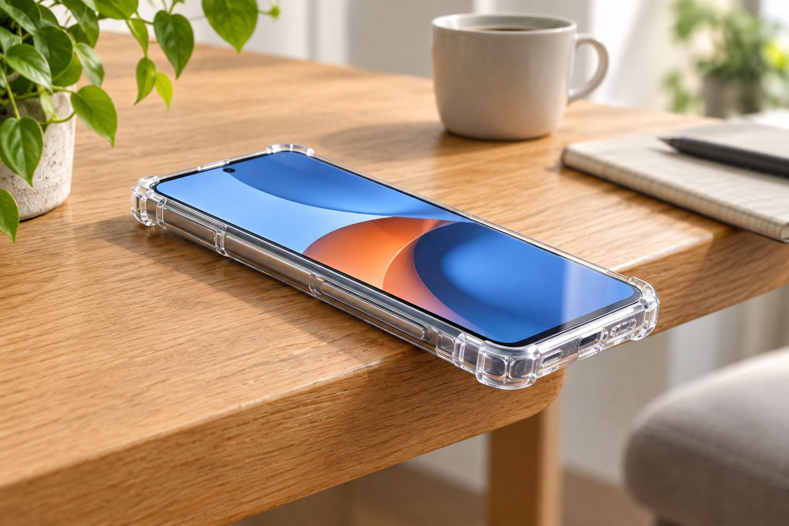 Smartphone met shockproof hoesje op de rand van een tafel
