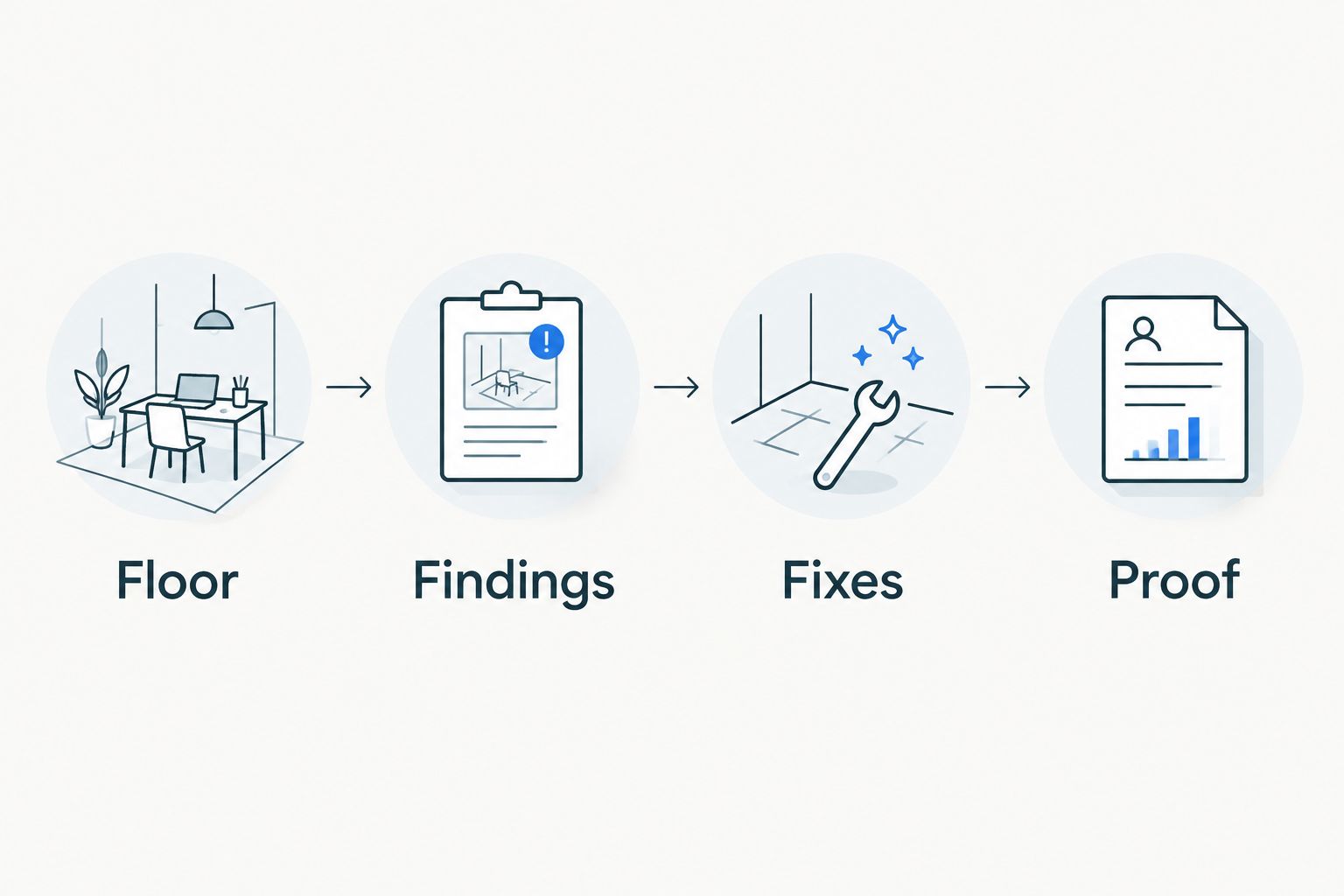 Four steps connecting floor conditions, findings, fixes, and proof