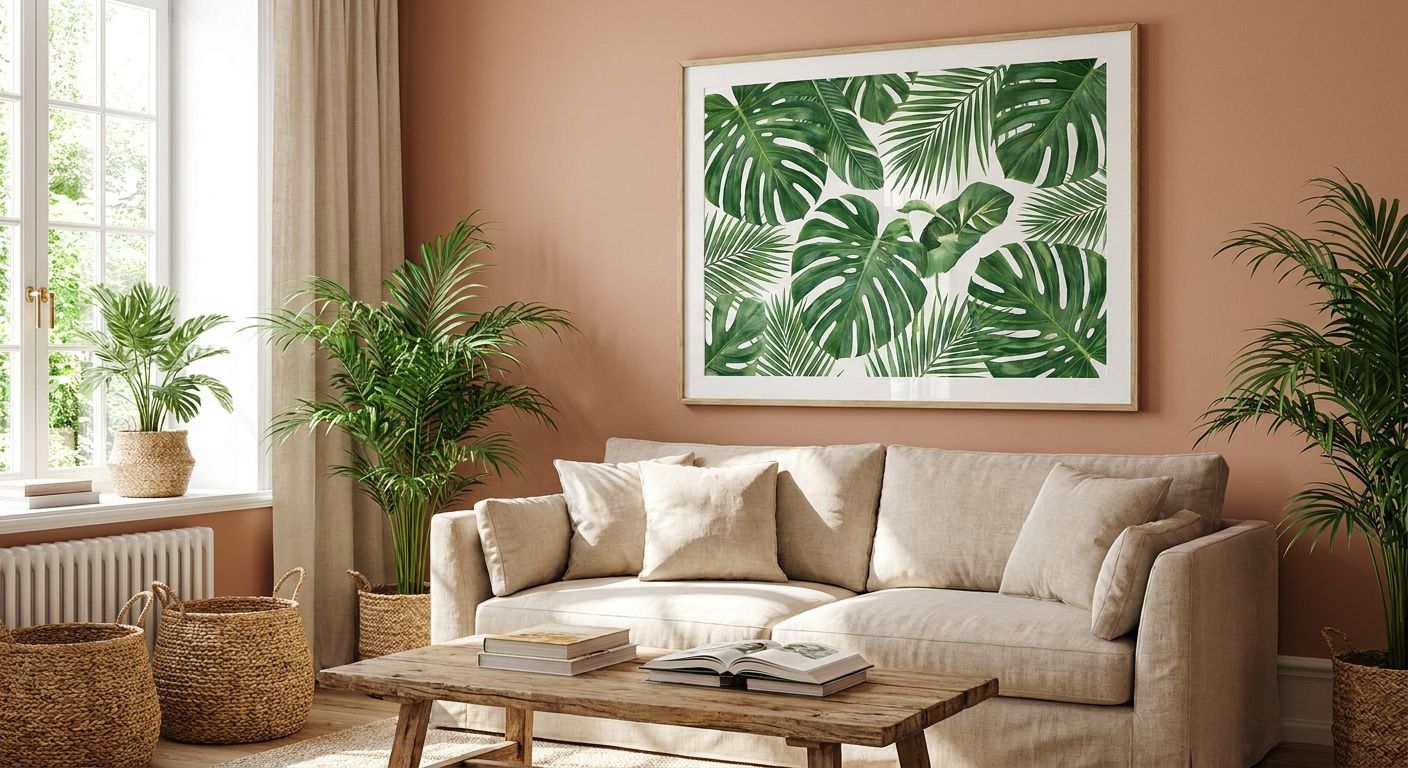 Tropical and palm leaf wall art for warm interiors