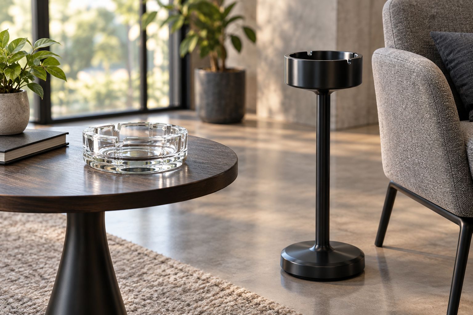 An empty tabletop glass ashtray and a standing ashtray with clear space around its base