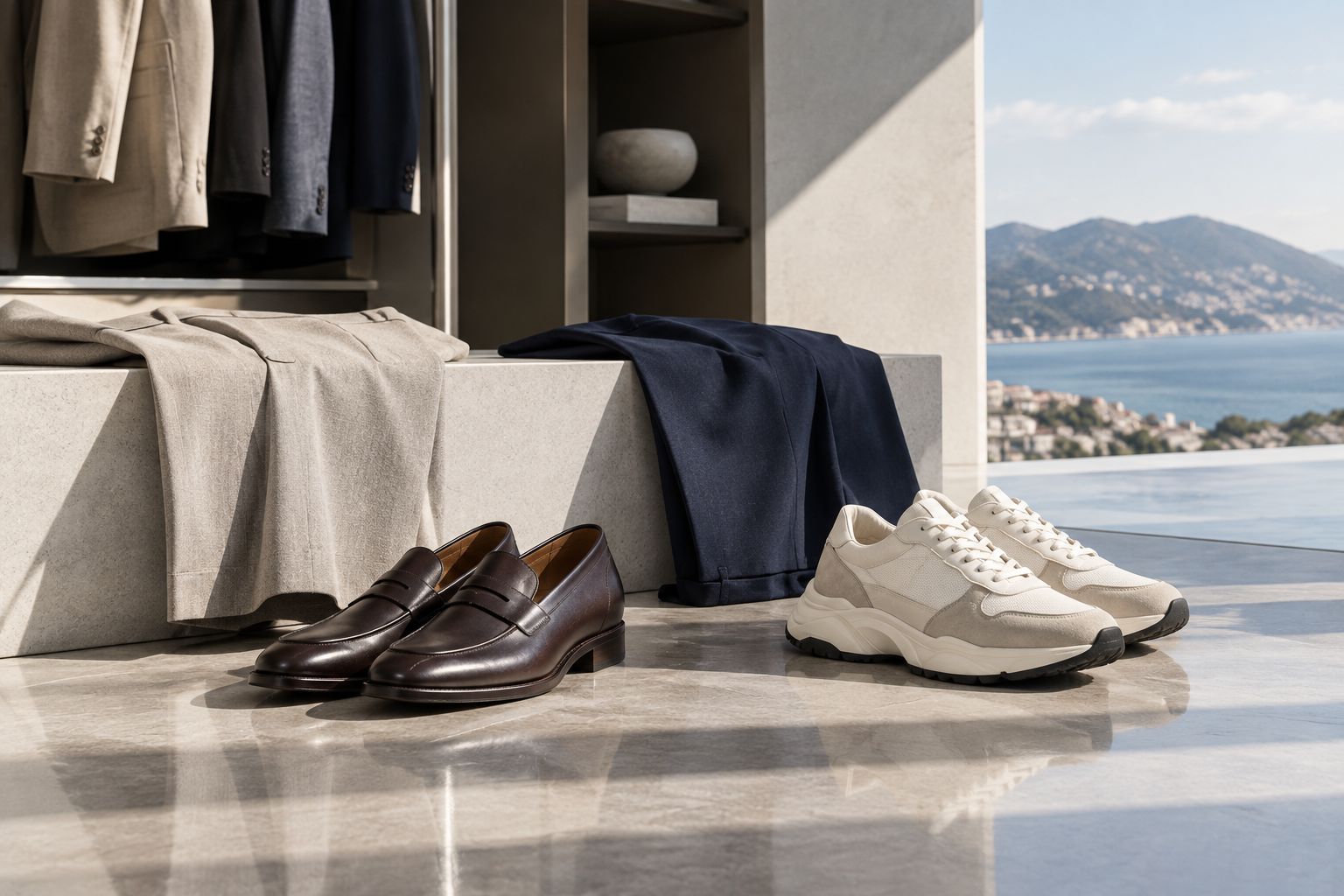 A dark loafer and substantial sneaker beside tailored trousers in a modern dressing room