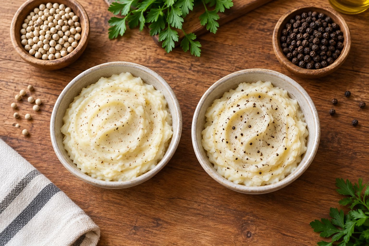 Separate samples of pale potato puree seasoned with white pepper and black pepper
