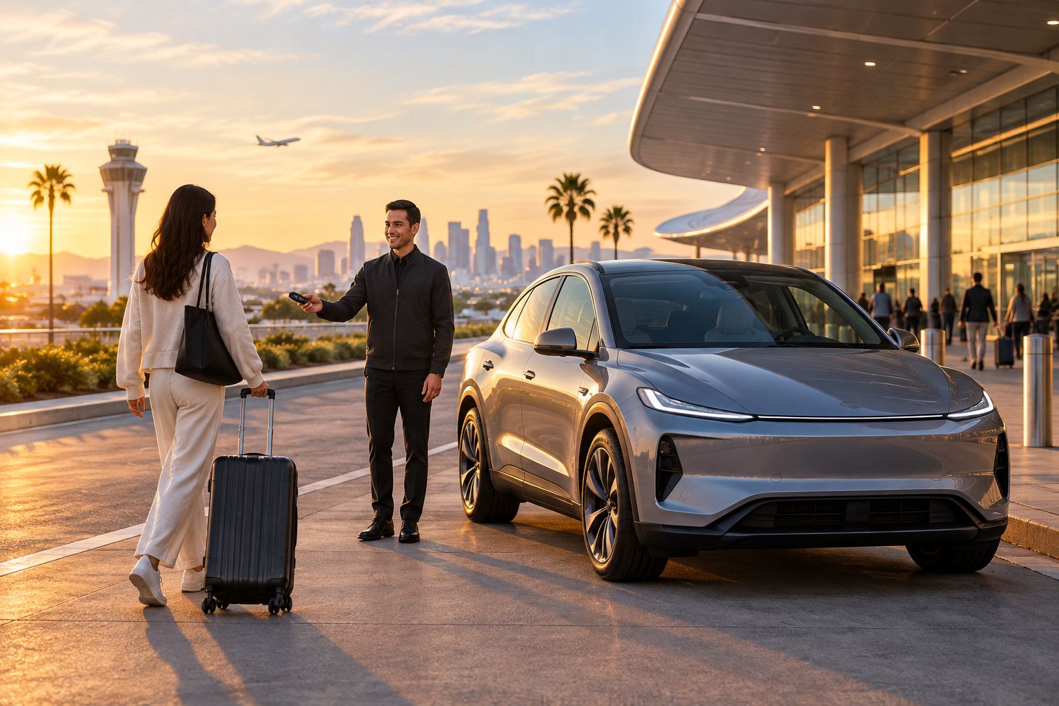 Tesla Model Y delivered curbside at an airport terminal