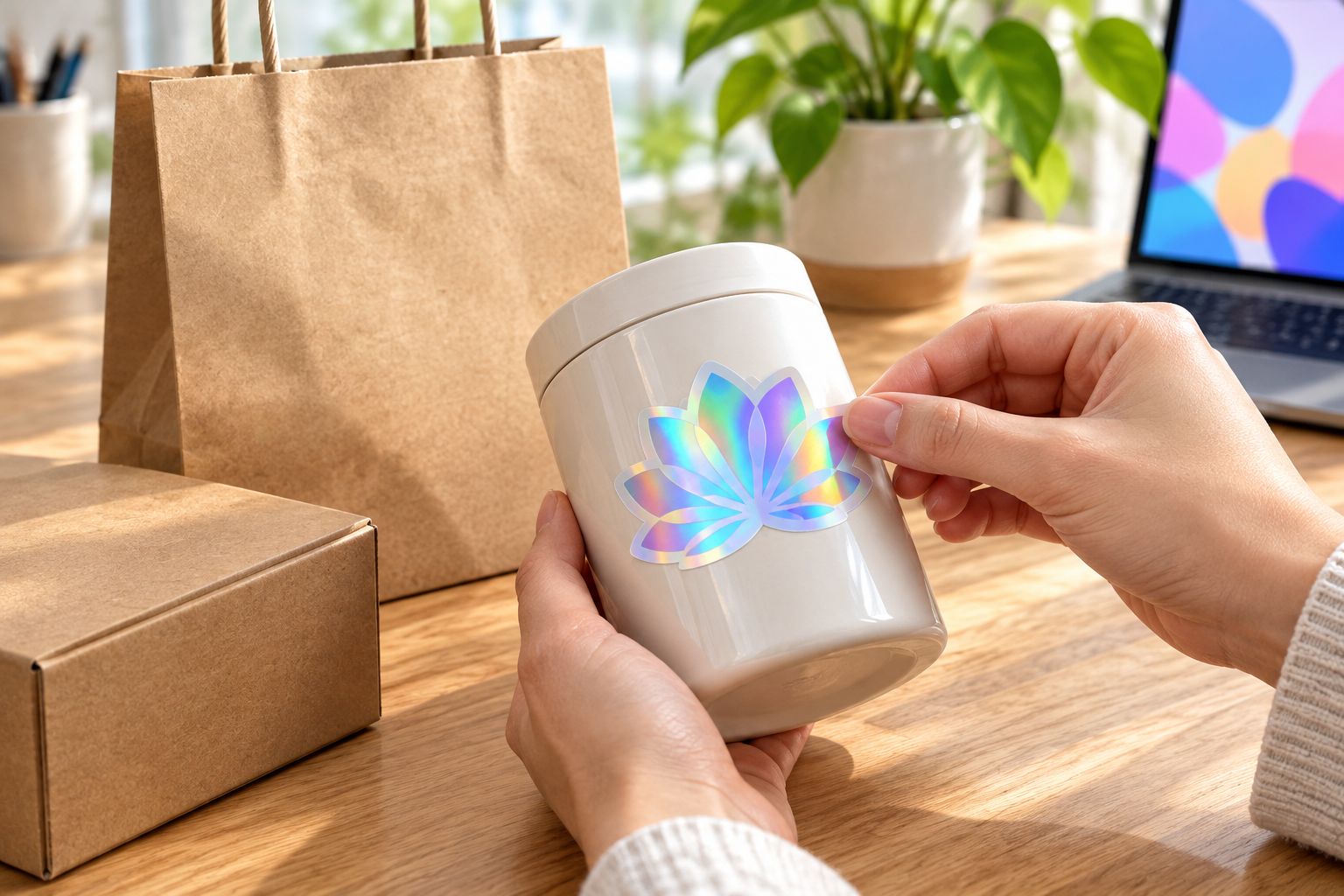 Checking a holographic sticker’s edge on a curved jar beside plain packaging