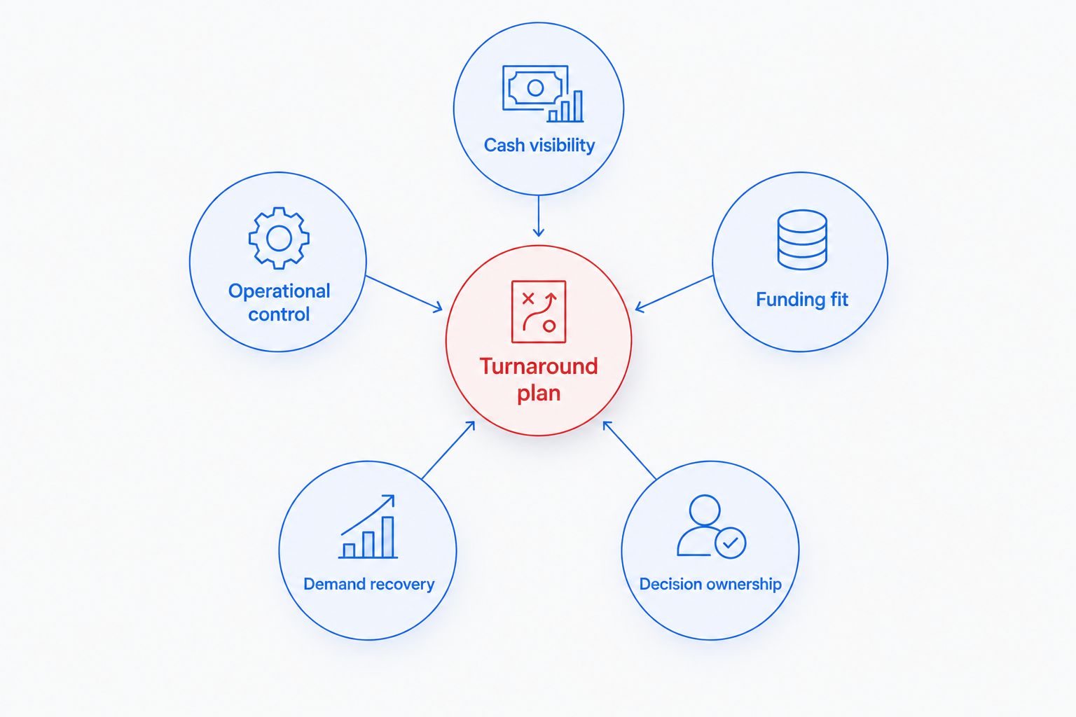 Turnaround plan connected to cash visibility, operations, funding, demand, and decision ownership