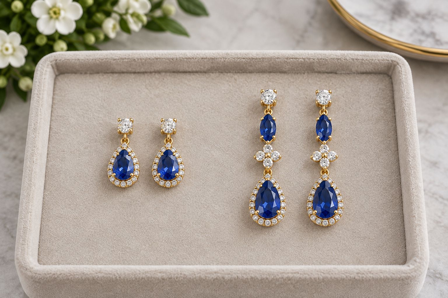 Compact gemstone drops beside longer tiered chandelier earrings at the same scale