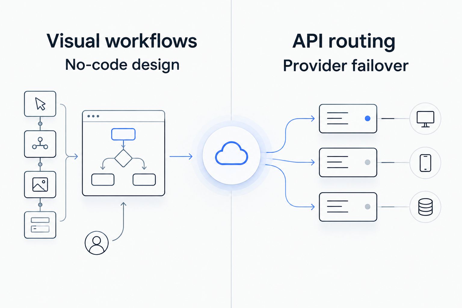 Visual workflow and no-code design needs compared with API routing and provider failover needs