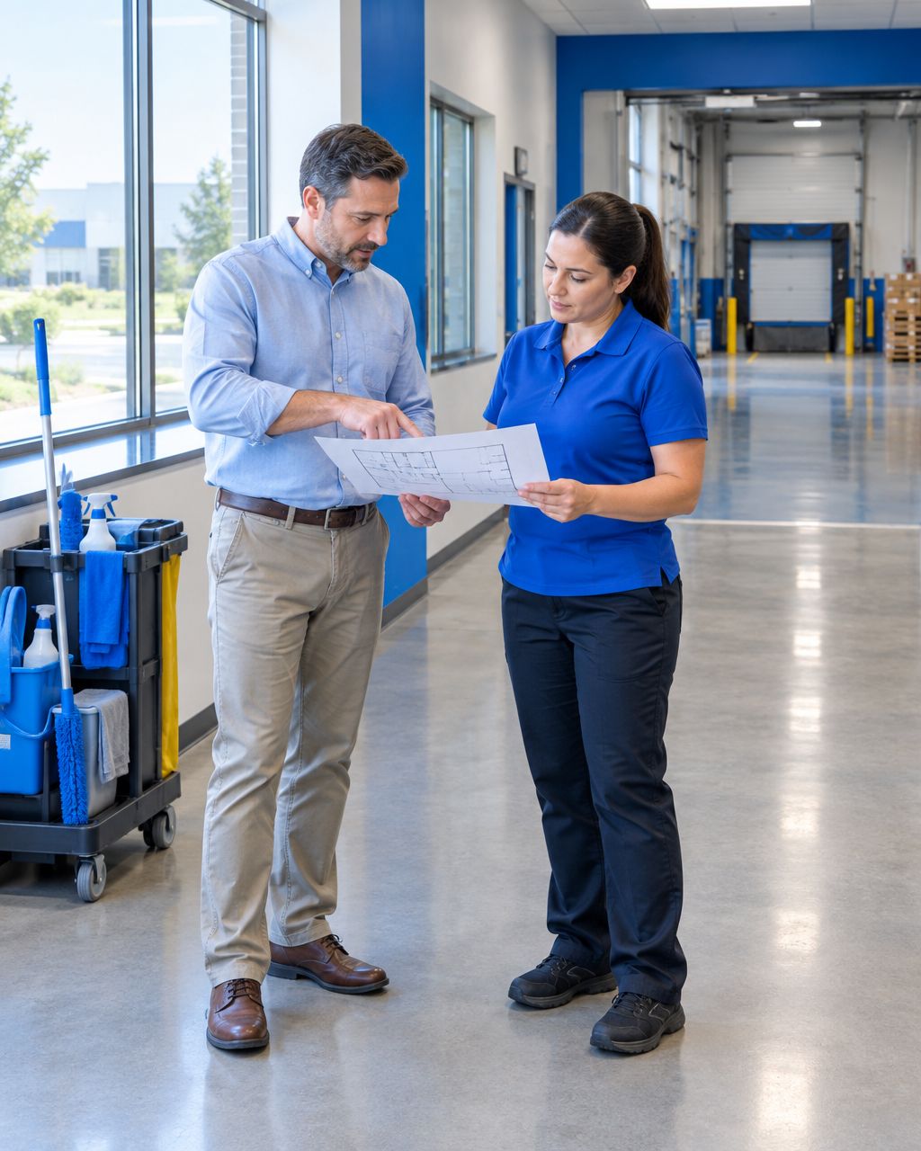Illustration of a facilities manager and cleaning supervisor reviewing an industrial service zone plan.