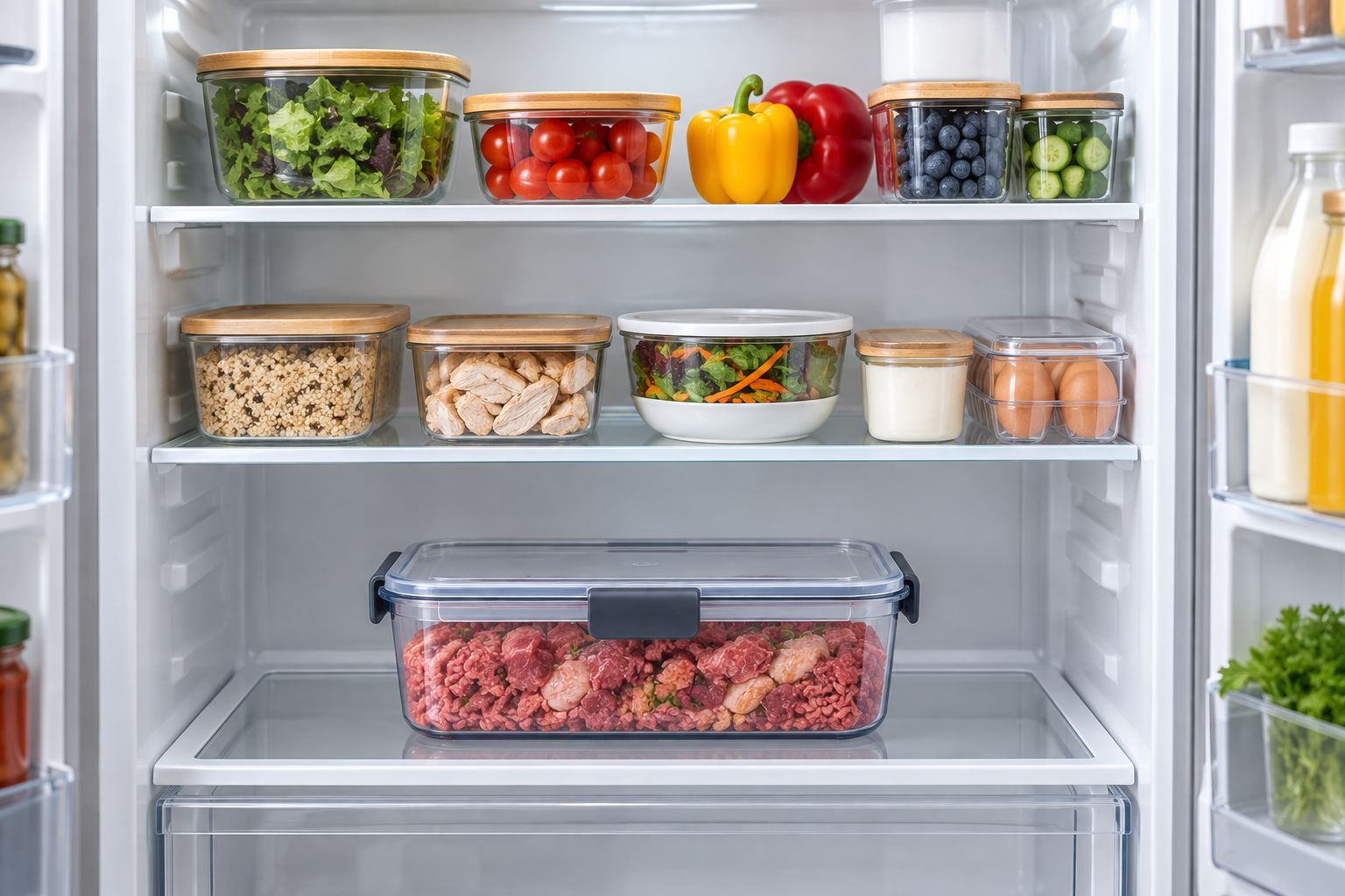 Covered raw dog food on the lowest fridge shelf, separated from household food