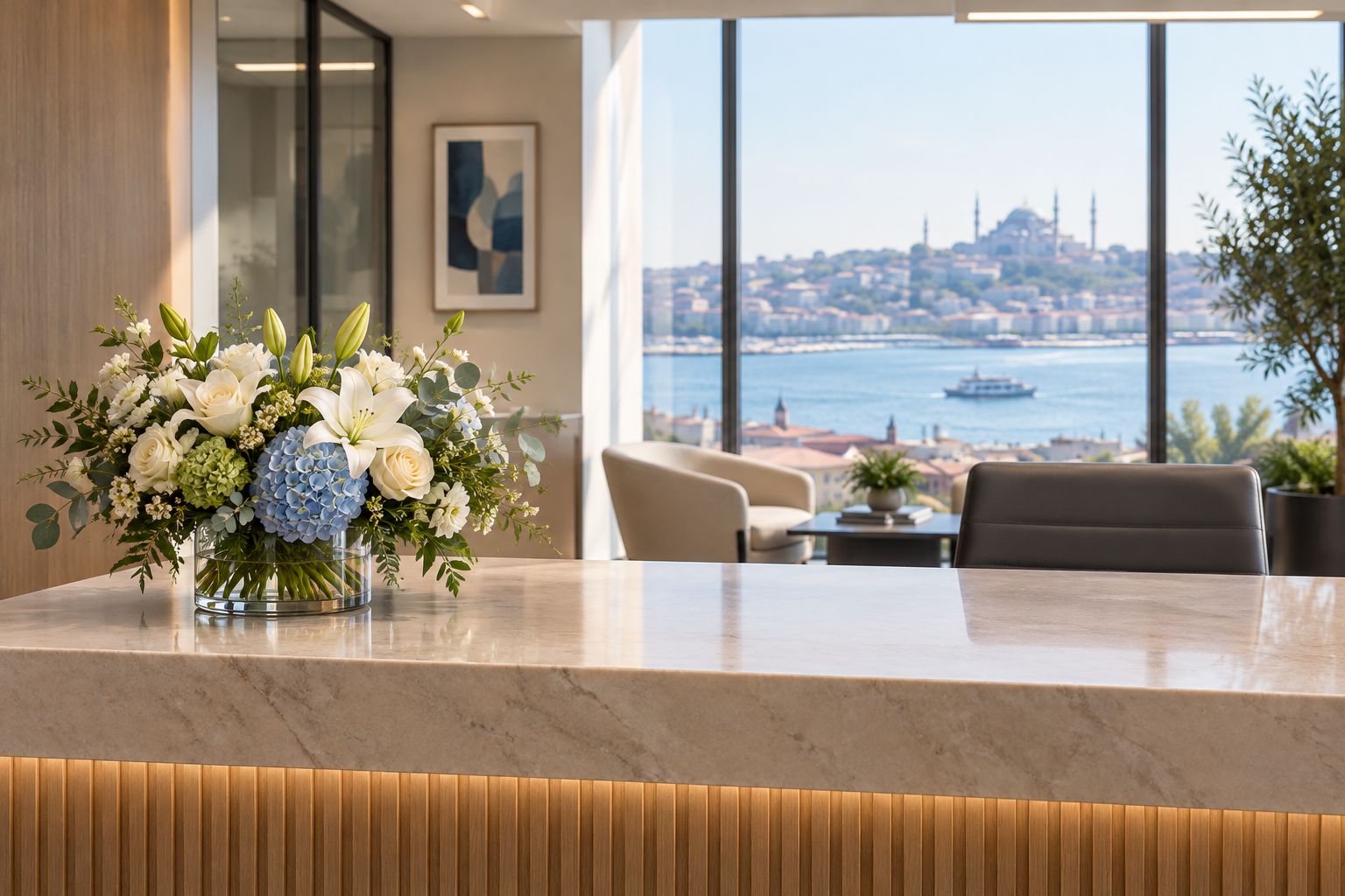 Low mixed flowers beside a clear reception working area