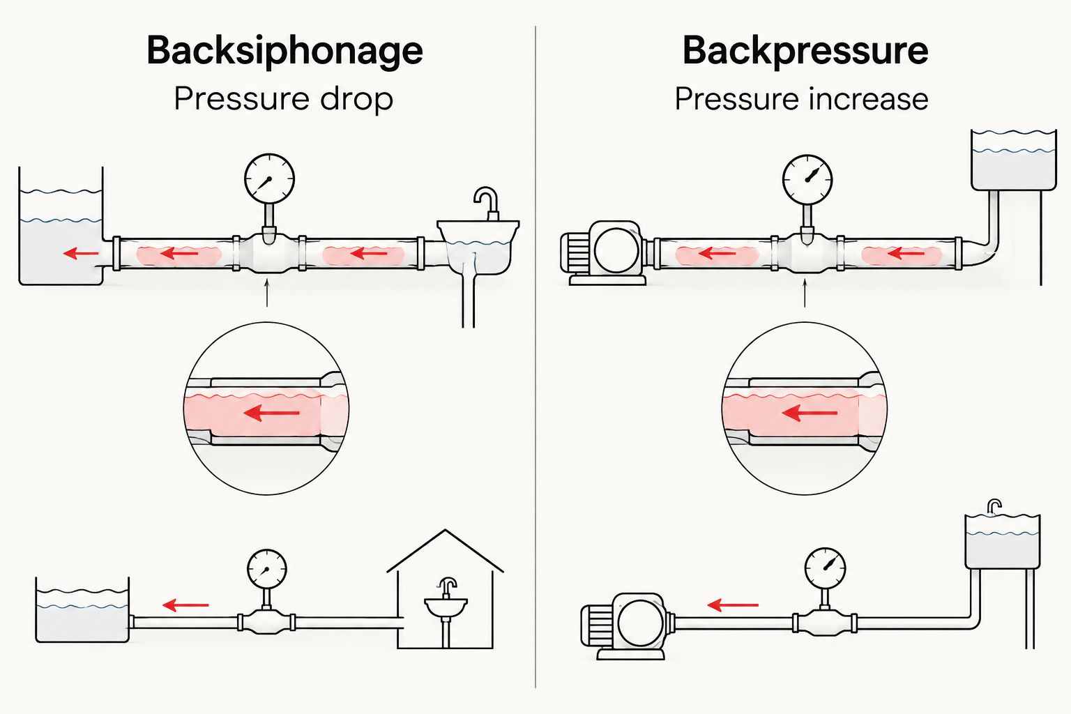 Backsiphonage results from a supply pressure drop; backpressure results from increased downstream pressure.