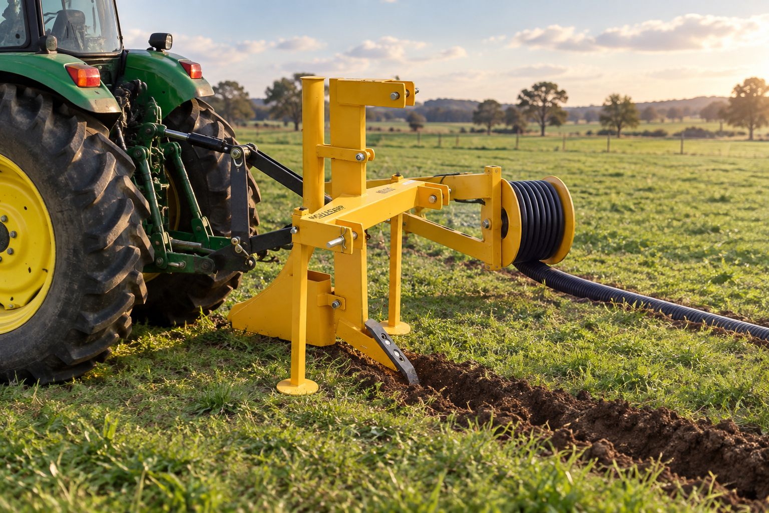 Novaquip single tine ripper pipe layer working in a paddock