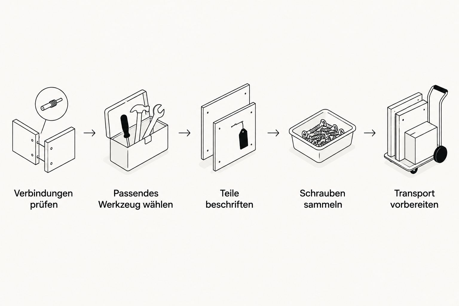 Ablauf von der Prüfung der Möbelverbindungen bis zur Vorbereitung für den Transport