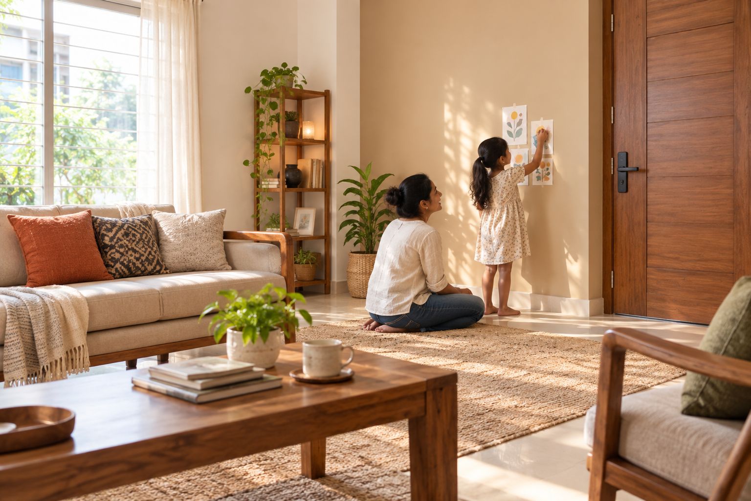 Natural light showing painted living-room walls beside a wooden door in an Indian home