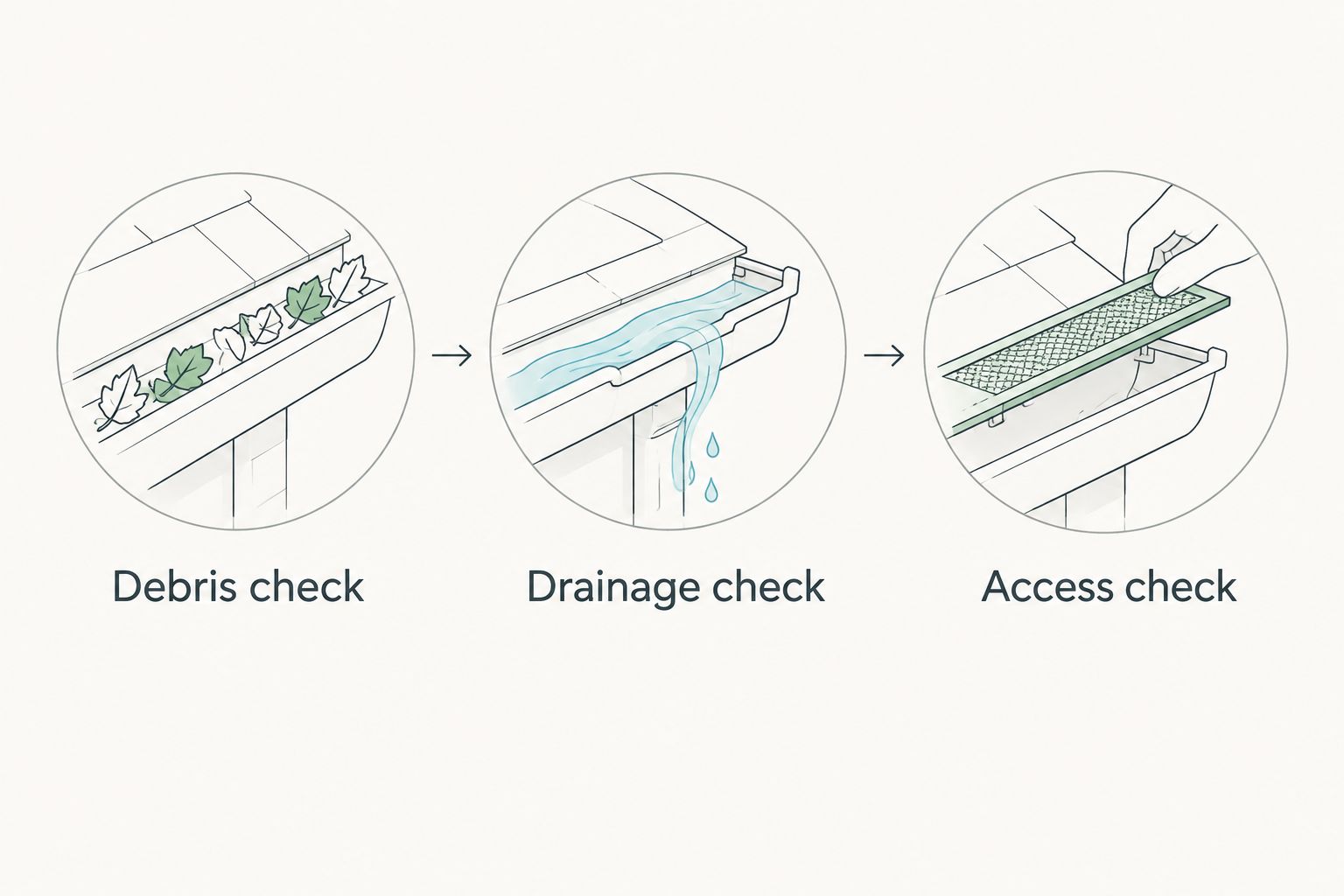 Three gutter inspection checks covering debris, drainage, and cleaning access