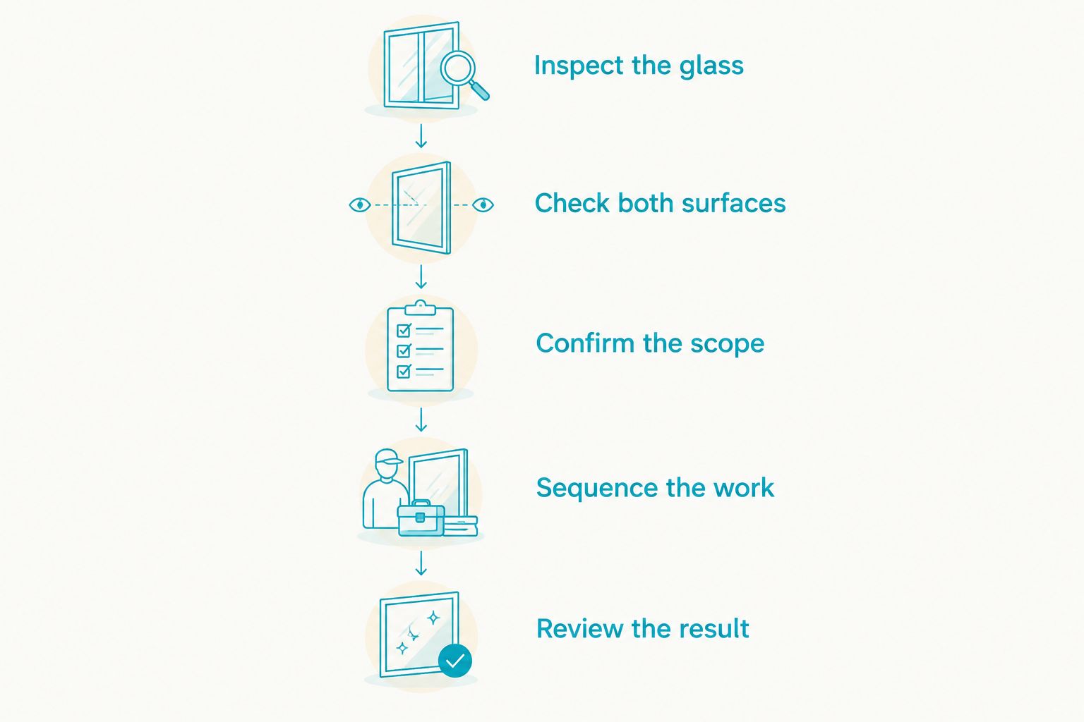 Window preparation sequence from inspecting the glass to reviewing the result