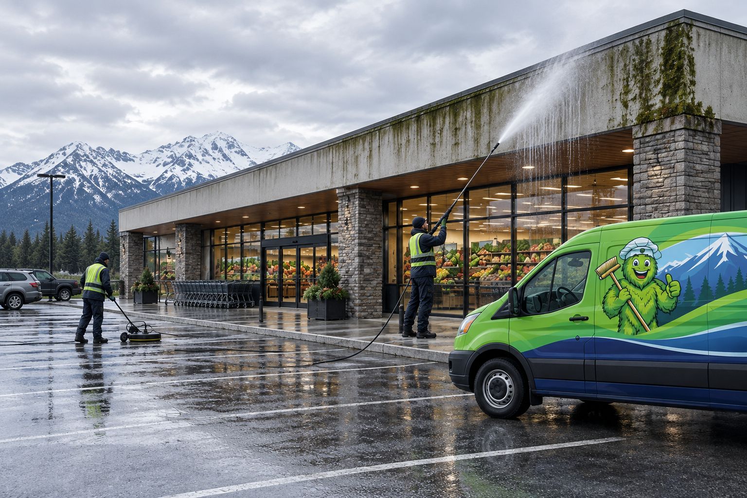 Grocery store flat roof edge with algae streaking and moss in a shaded corner