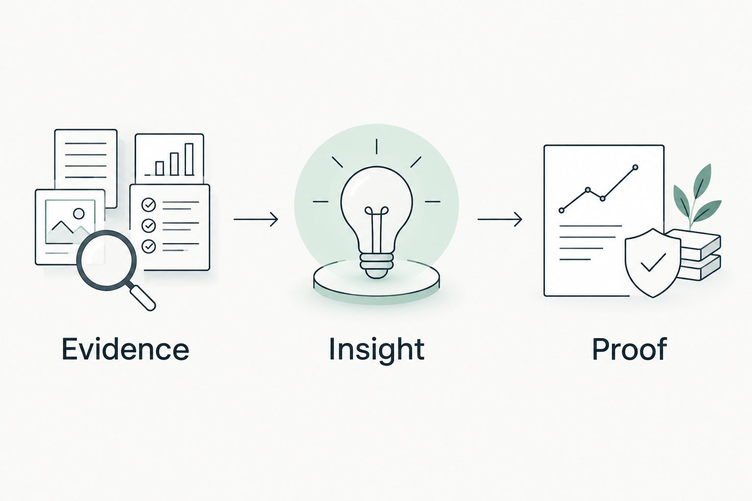 Three stages connecting assessment evidence, business interpretation, and verification