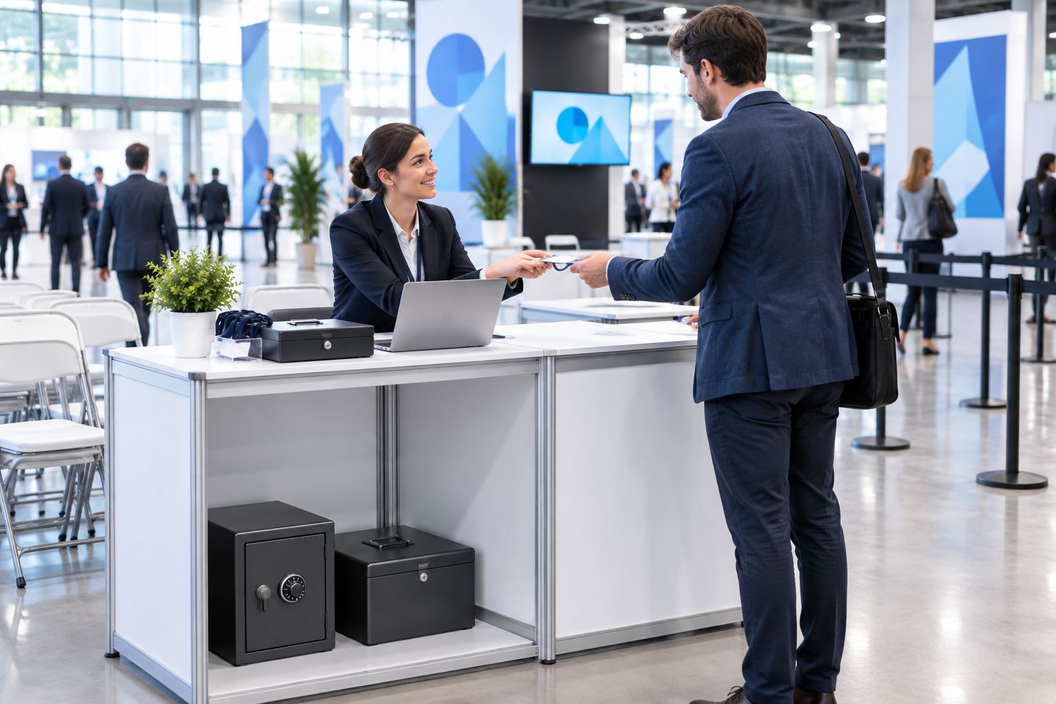 Registration desk inside a convention centre with a safe under the counter