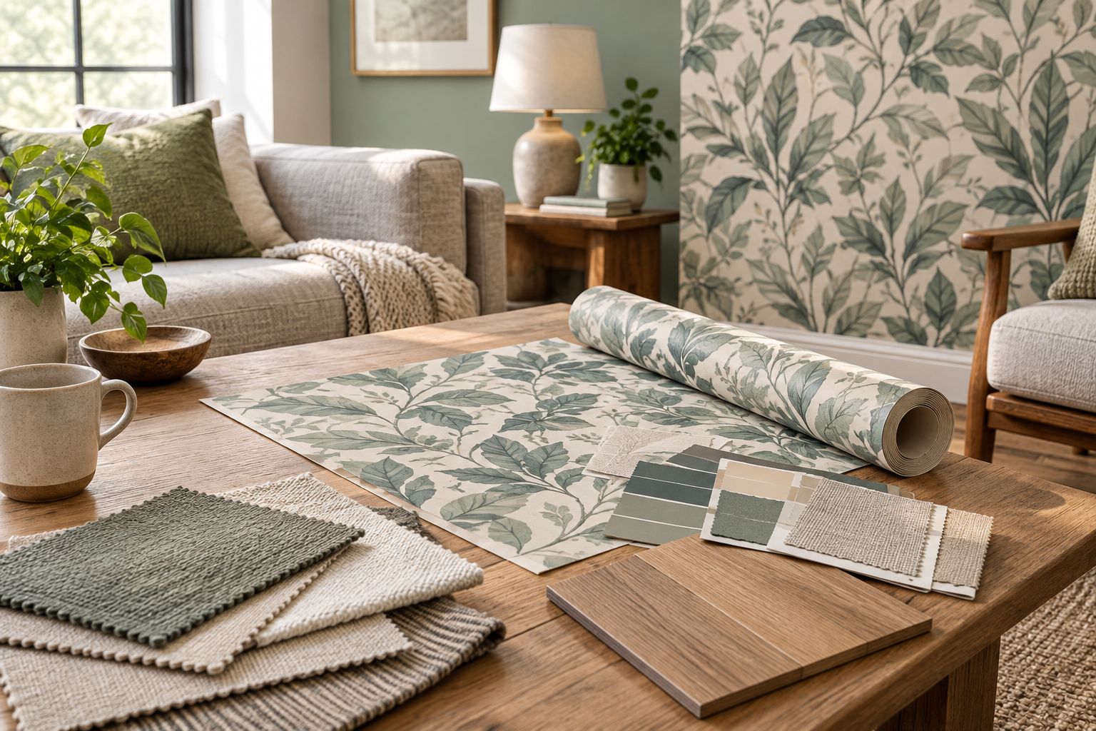 Wallpaper swatches beside paint, fabric, and wood samples in a sitting room