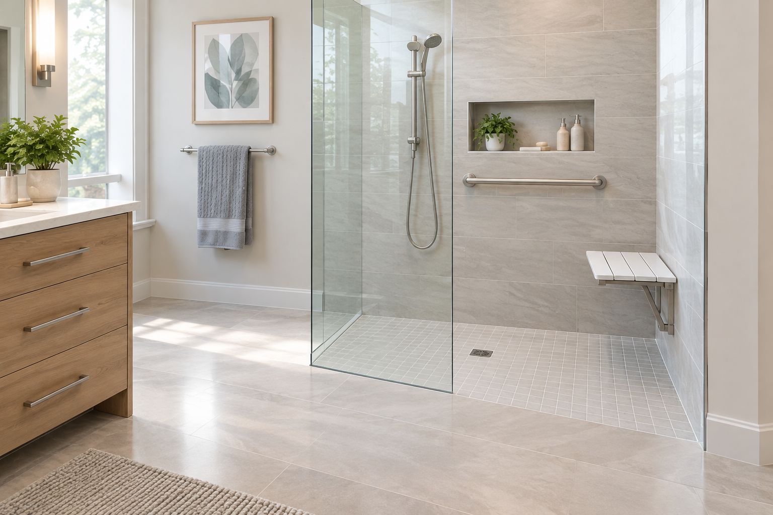 Level shower entry beside a fixed glass panel with clear approach space