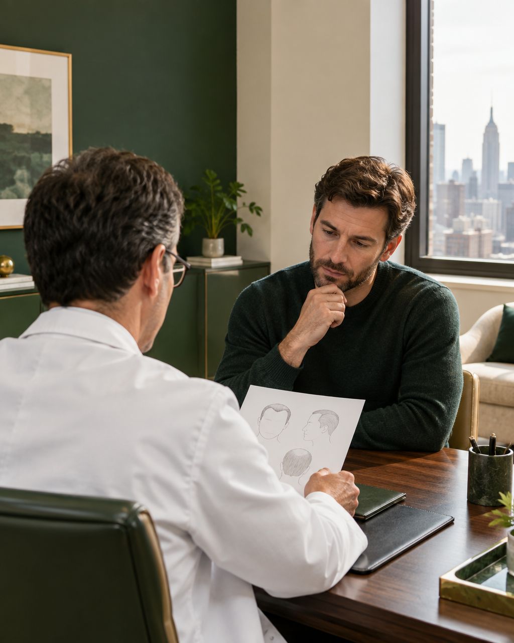 Illustration of a hair restoration consultation discussing hairline planning