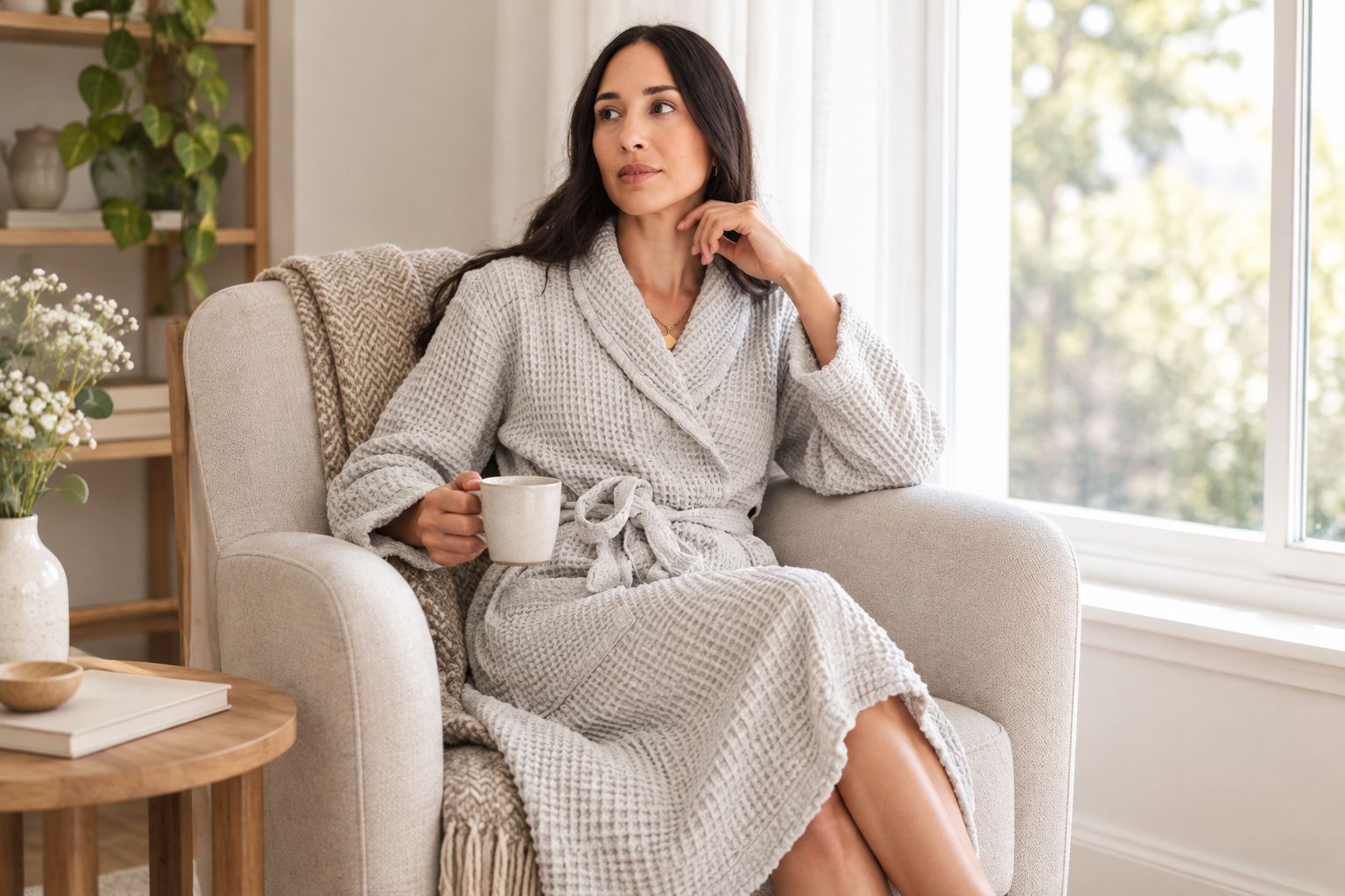 A woman wearing a waffle robe while seated beside a window at home